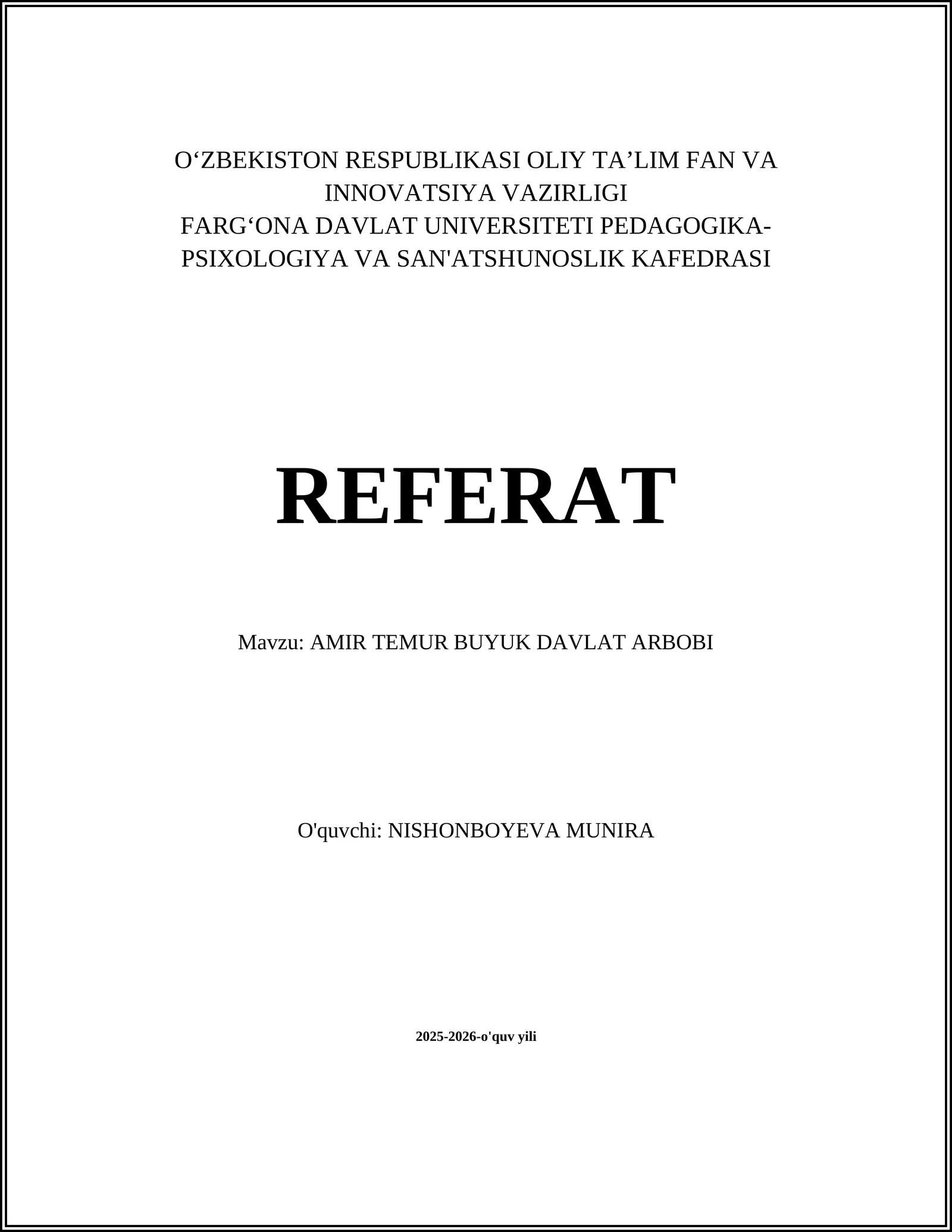 AMIR TEMUR BUYUK DAVLAT ARBOBI