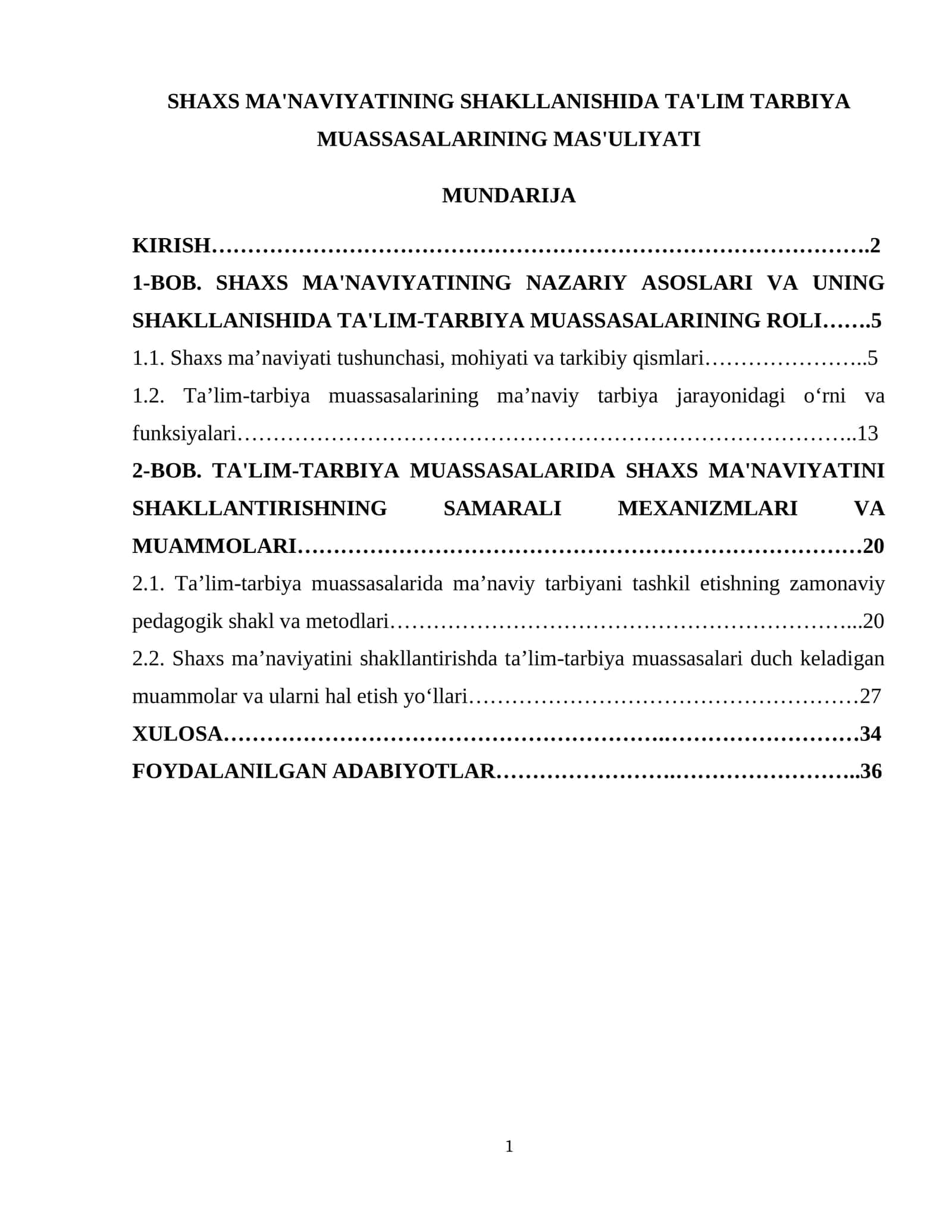 SHAXS MA'NAVIYATINING SHAKLLANISHIDA TA'LIM TARBIYA MUASSASALARINING MAS'ULIYATI