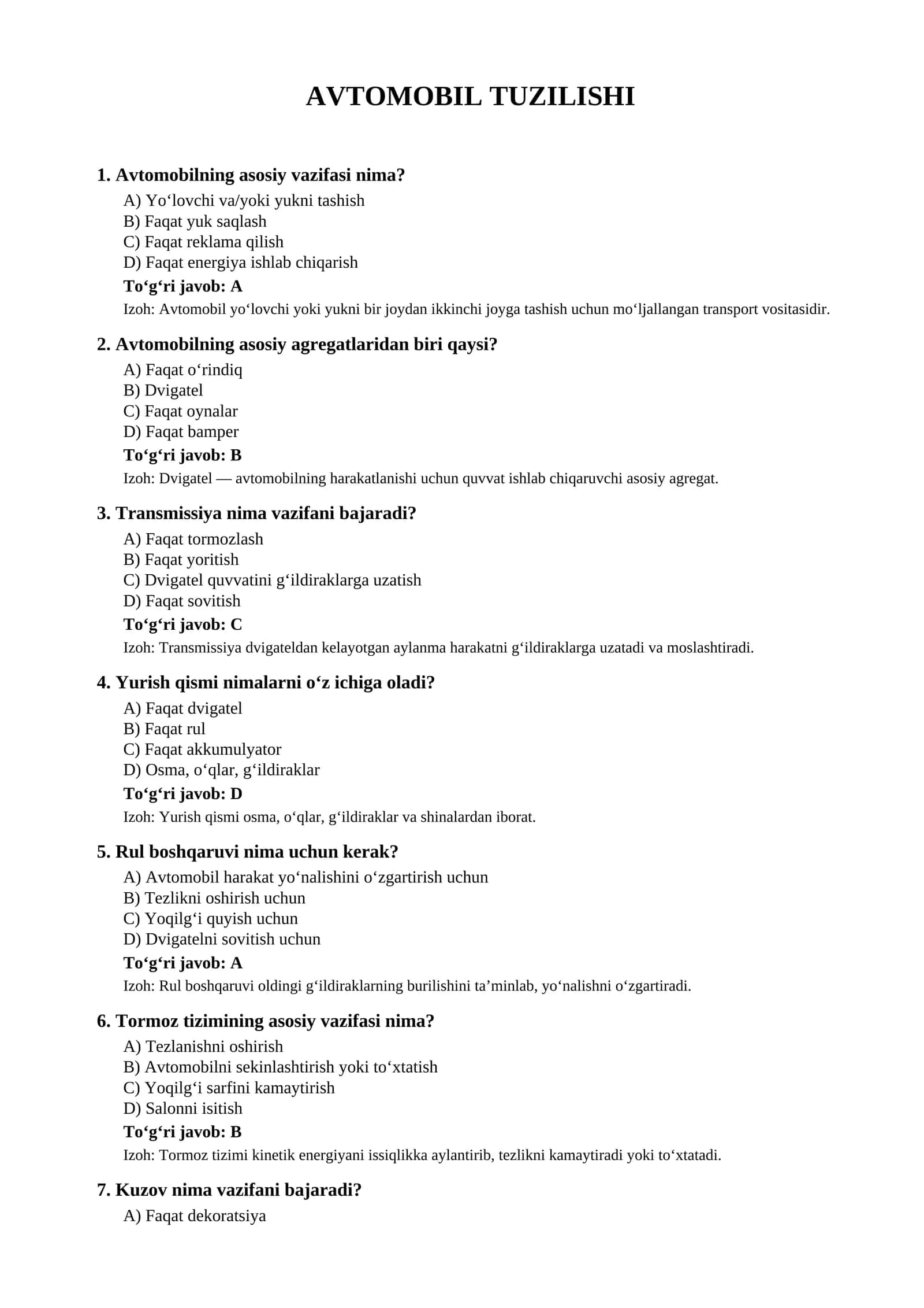 Avtomobil tuzilishi testlar (savollar va javoblar)