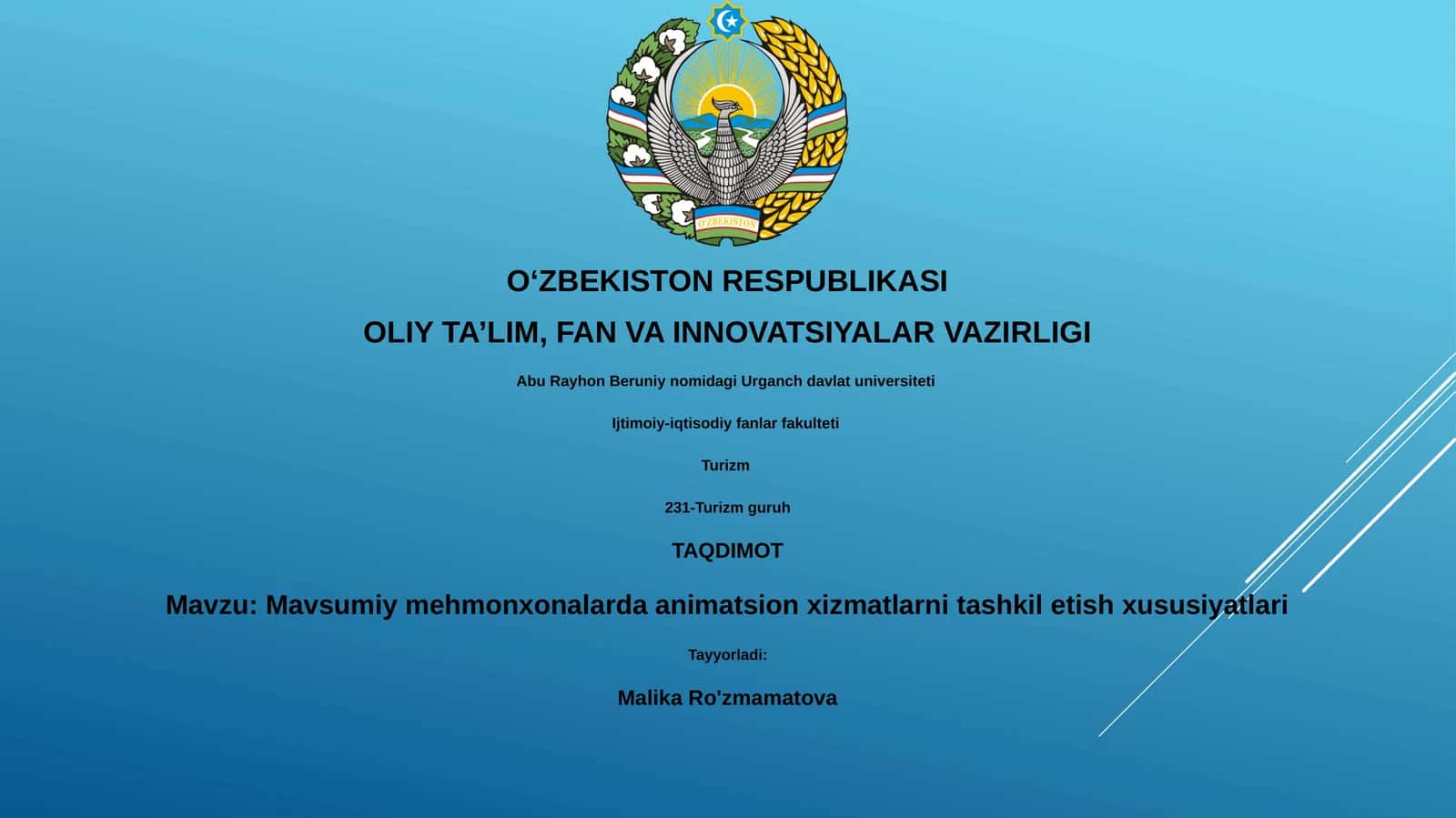 Mavsumiy mehmonxonalarda animatsion xizmatlarni tashkil etish xususiyatlari