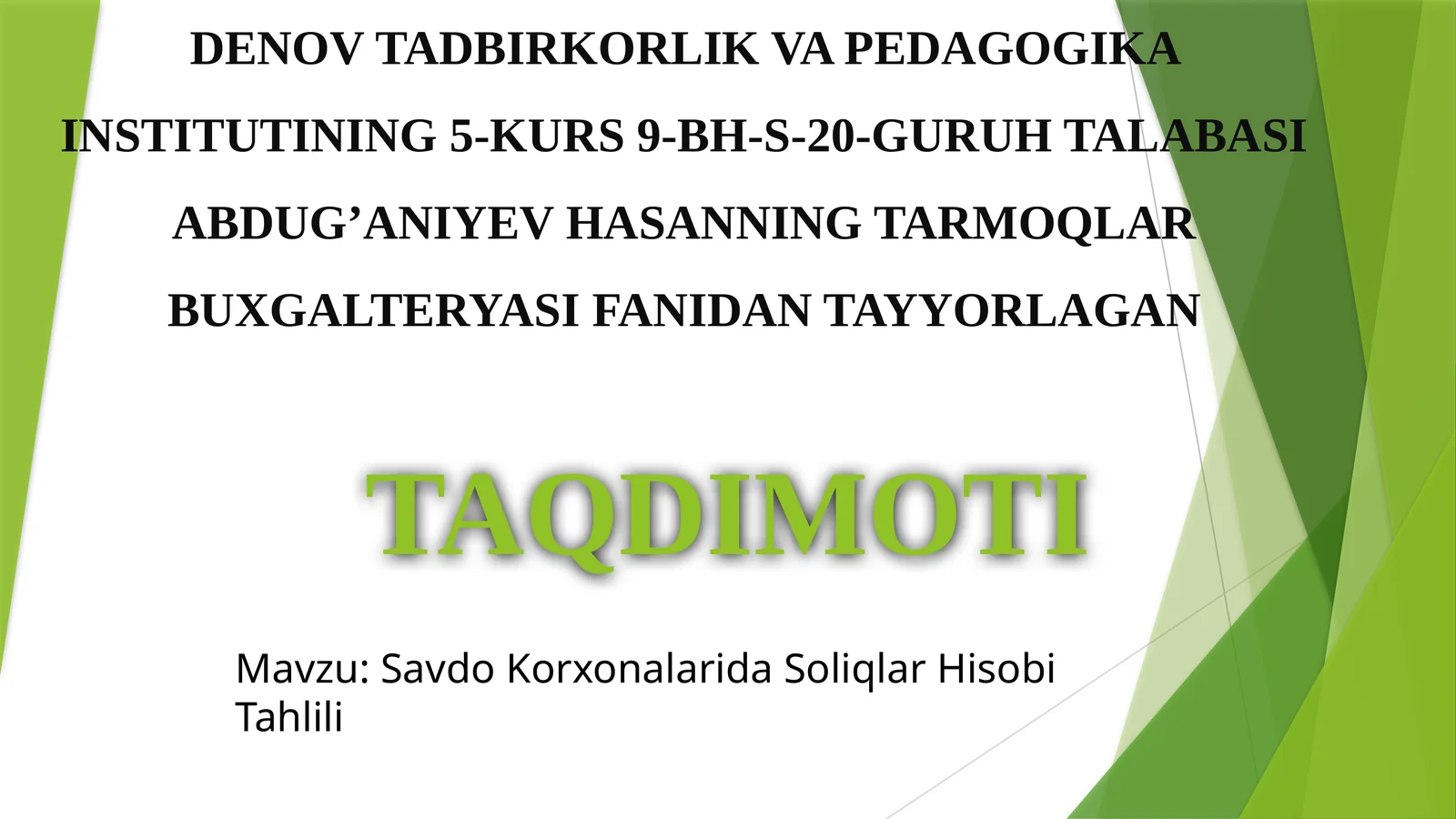 Savdo Korxonalarida Soliqlar Hisobi Tahlili