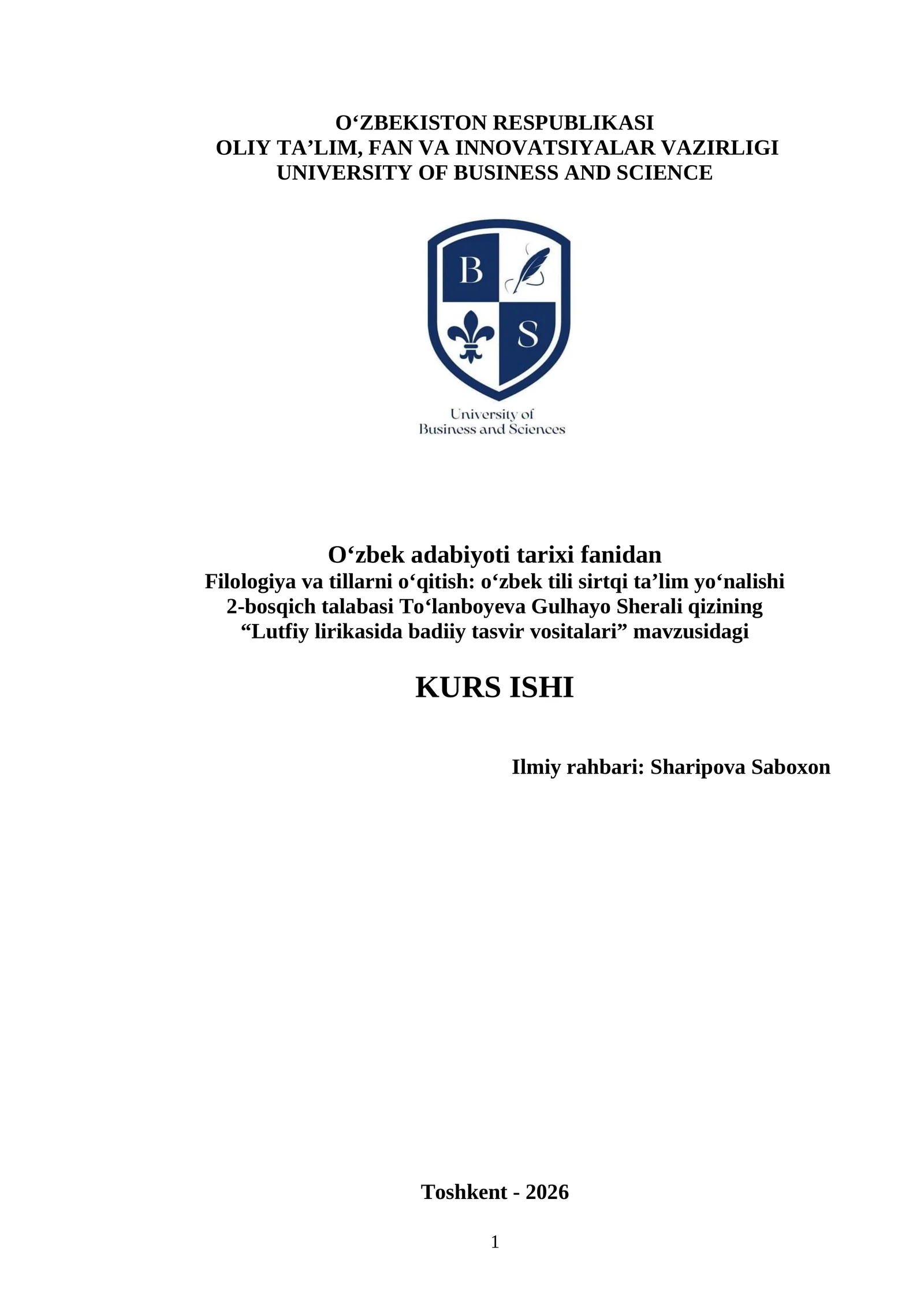 “Lutfiy lirikasida badiiy tasvir vositalari” kurs ishi