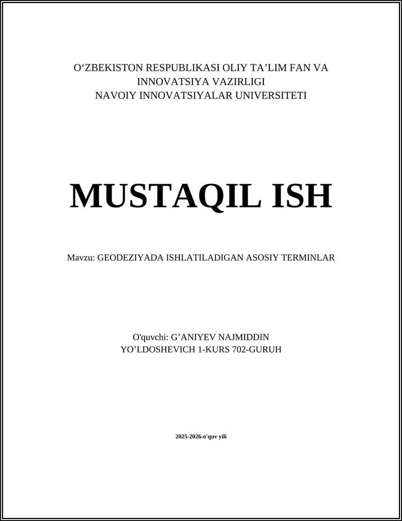 GEODEZIYADA ISHLATILADIGAN ASOSIY TERMINLAR