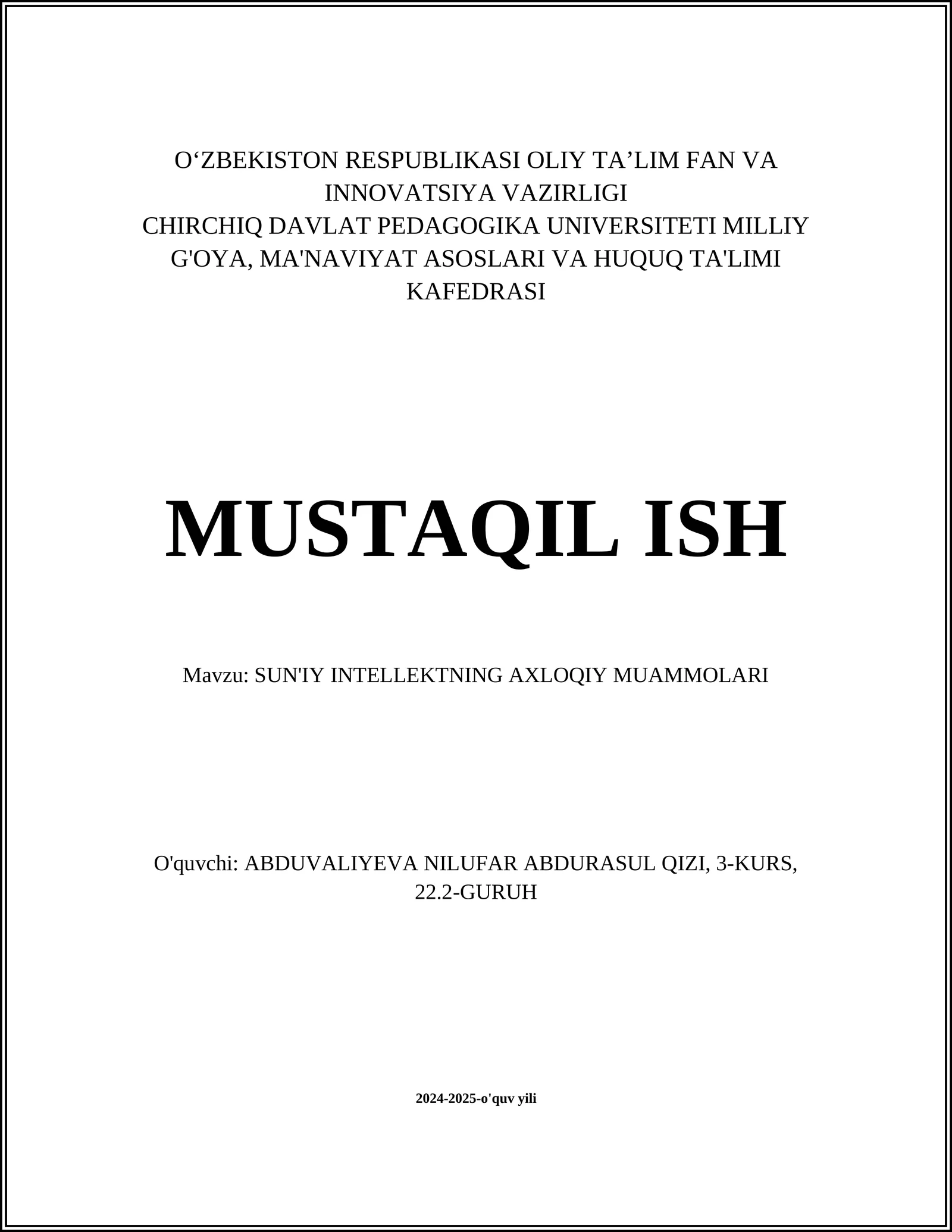 SUN'IY INTELLEKTNING AXLOQIY MUAMMOLARI