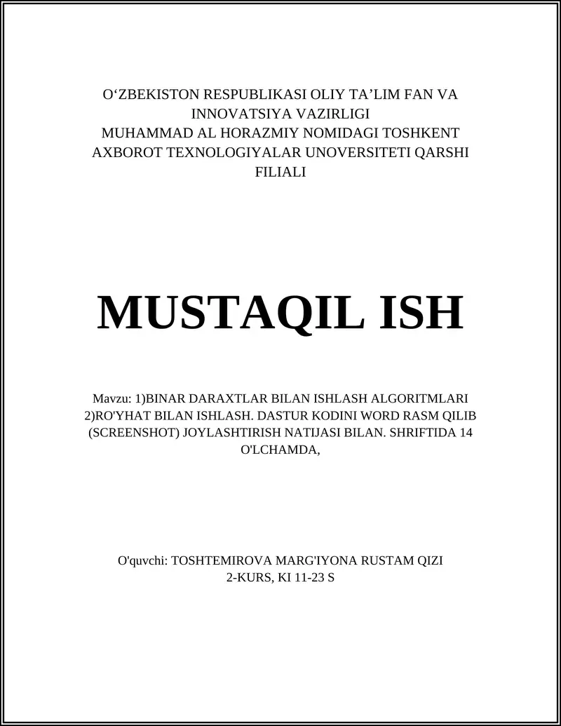 BINAR DARAXTLAR BILAN ISHLASH ALGORITMLARI