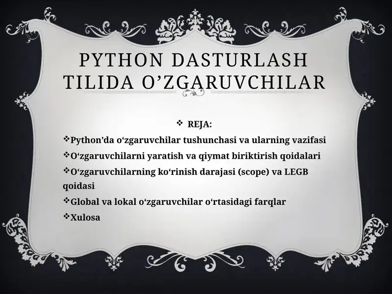 Python dasturlash tilida o’zgaruvchilar