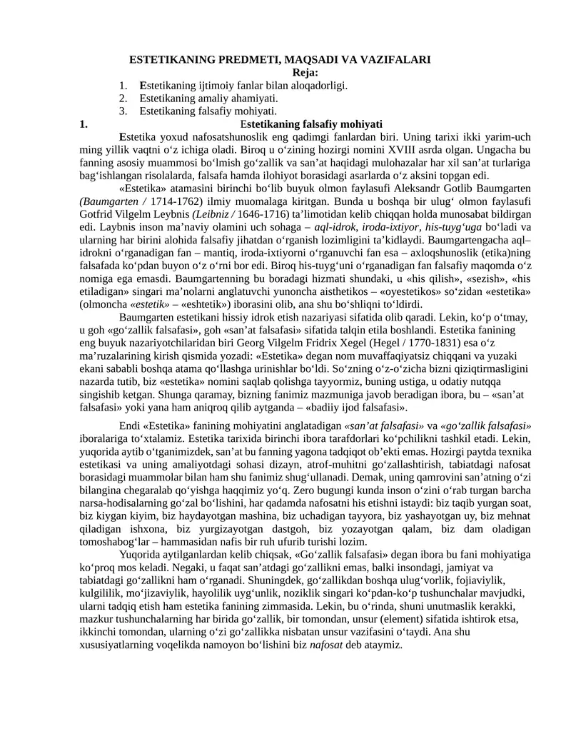 Estetikaning Predmeti, Maqsadi va Vazifalari