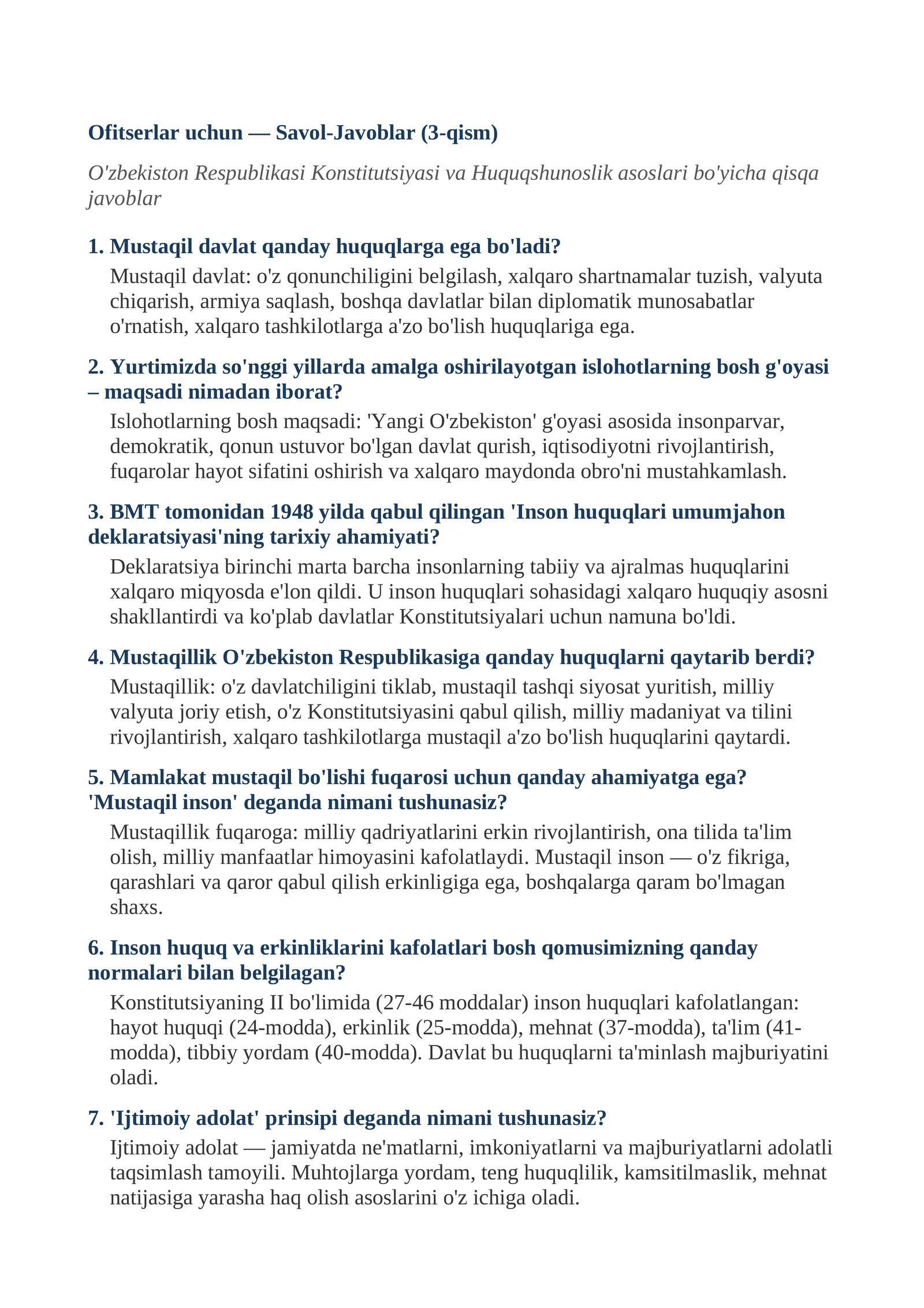 Ofitserlar uchun — Savol-Javoblar (3-qism)