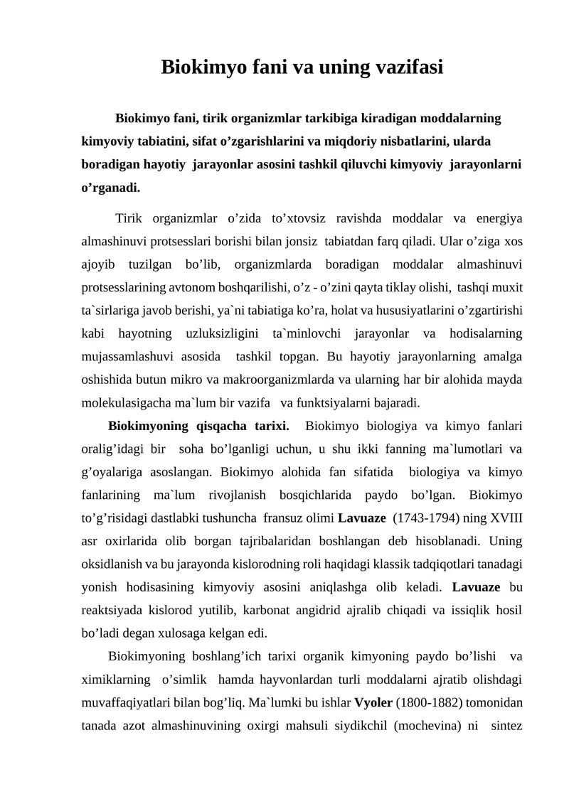 Biokimyo fani va uning vazifasi