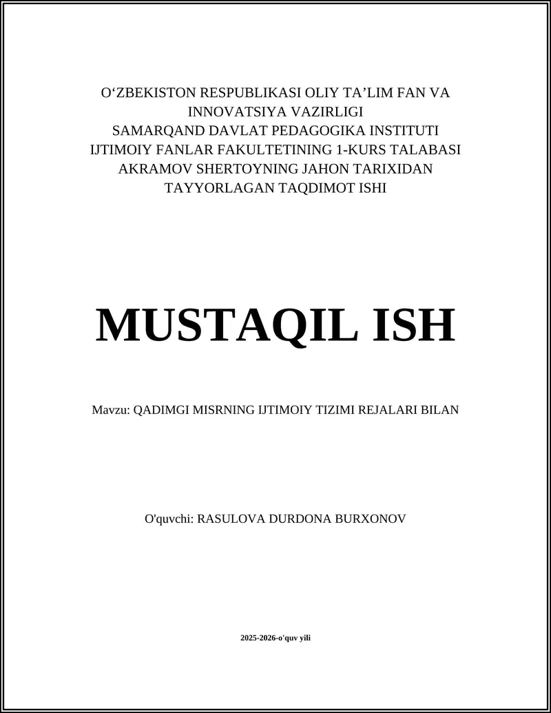 QADIMGI MISRNING IJTIMOIY TIZIMI REJALARI