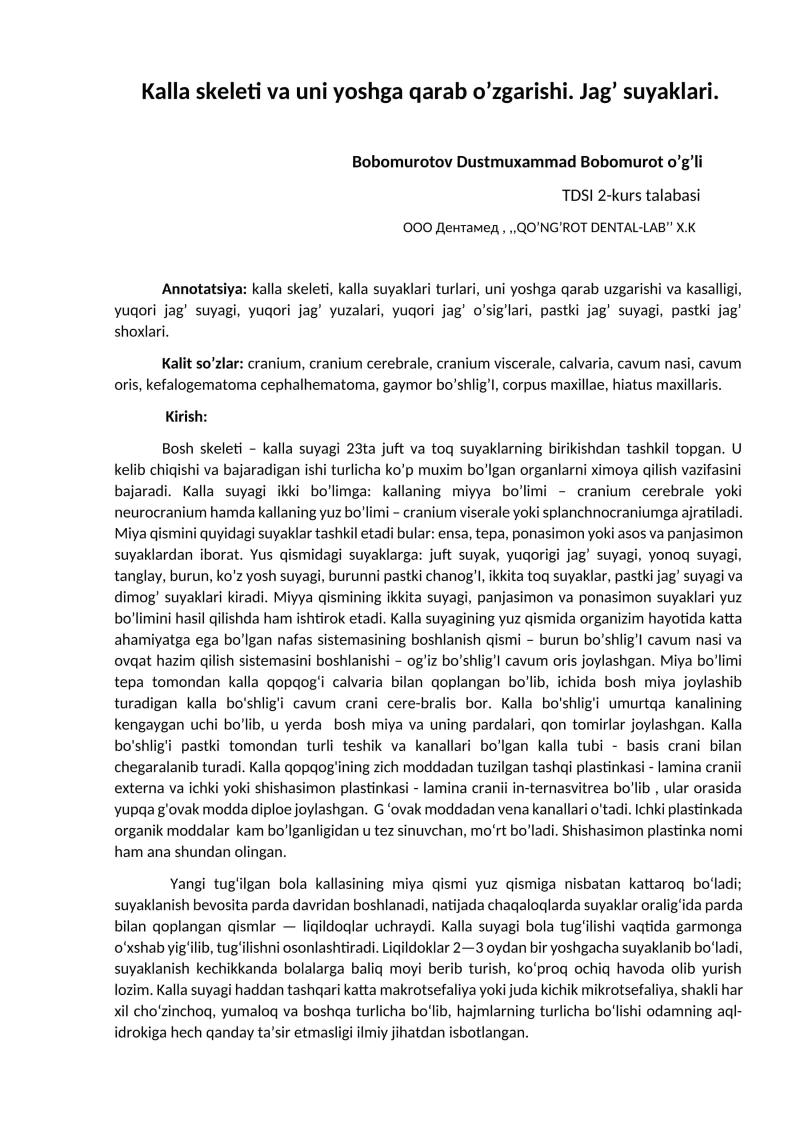kalla skeleti va uni yoshga qarab o‘zgarishi