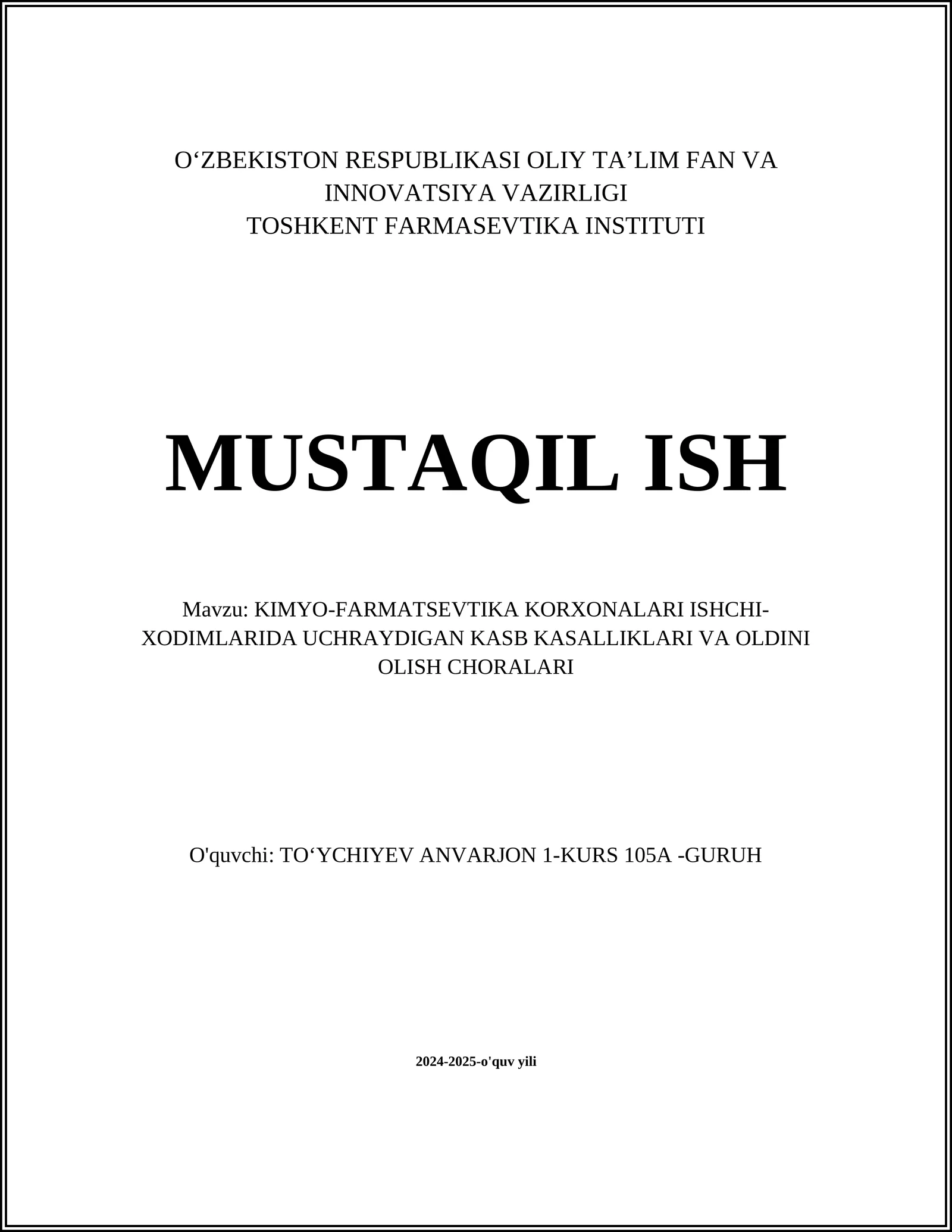 Kimyo-Farmatsevtika Korxonalari Ishchilarida Uchraydigan Kasb Kasalliklari va Oldini Olish Chorlari