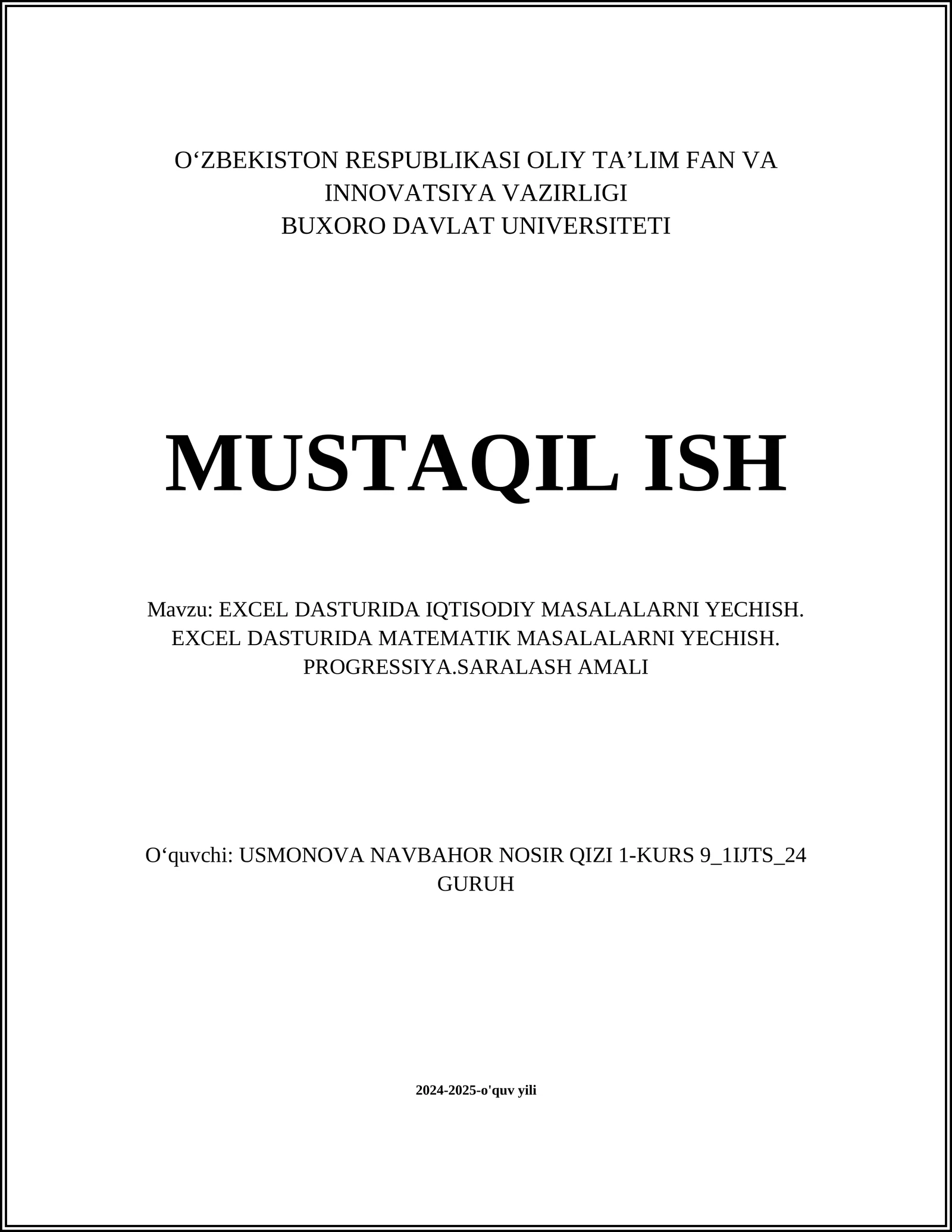 EXCEL DASTURIDA IQTISODIY MASALALARNI YECHISH