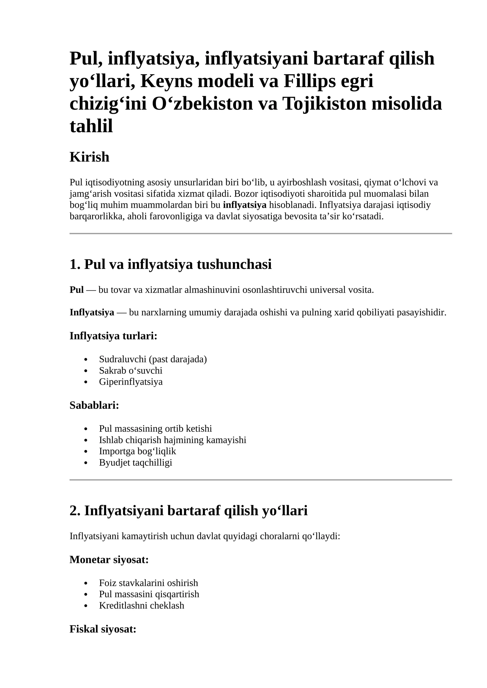 Inflyatsiya va inflyatsiyani bartaraf qilish yo‘llari tahlili