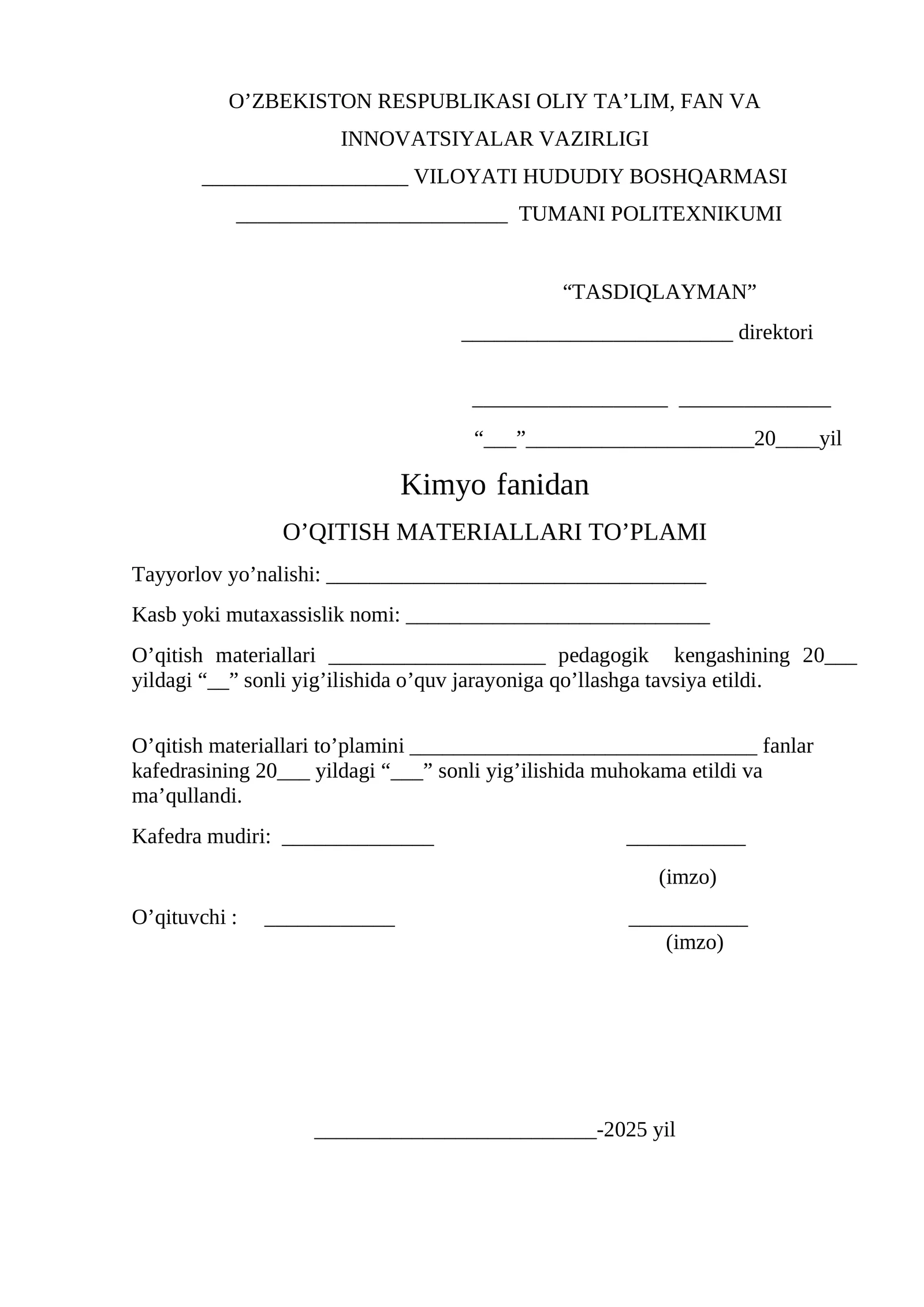 Kimyo fanidan O’QITISH MATERIALLARI TO’PLAMI
