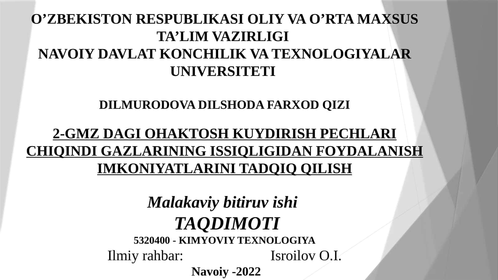 2-GMZ DAGI OHAKTOSH KUYDIRISH PECHLARI CHIQINDI GAZLARINING ISSIQLIGIDAN FOYDALANISH IMKONIYATLARINI TADQIQ QILISH