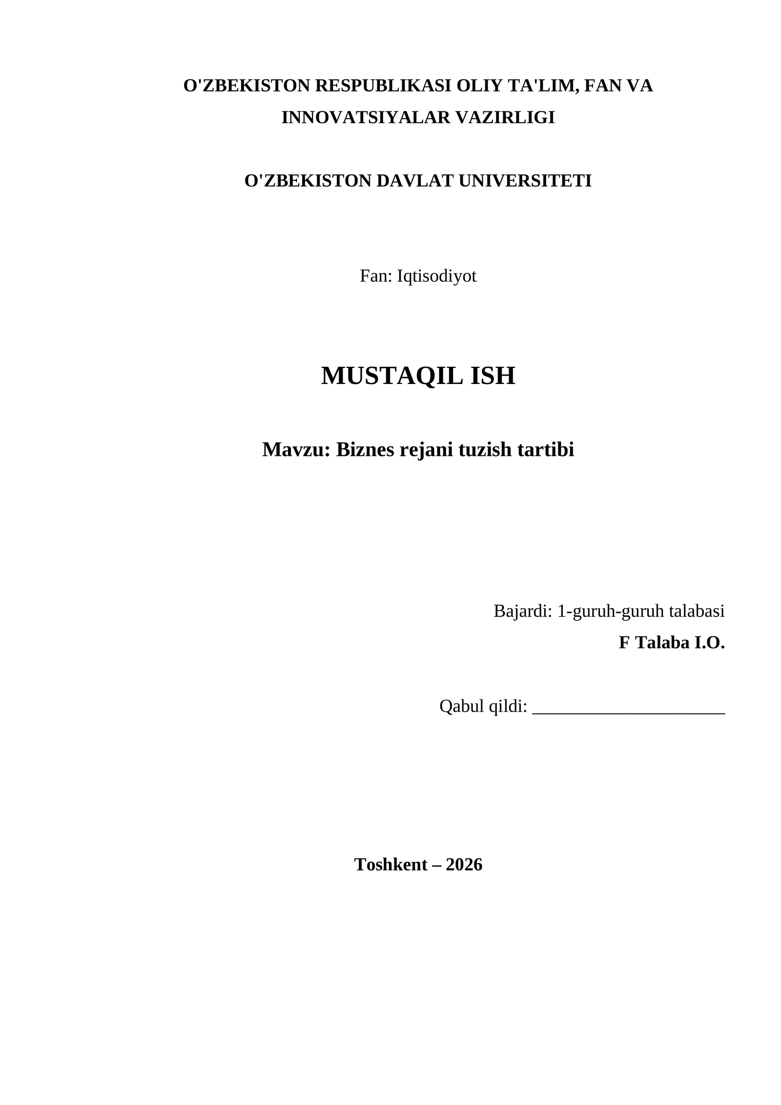 Biznes rejani tuzish tartibi