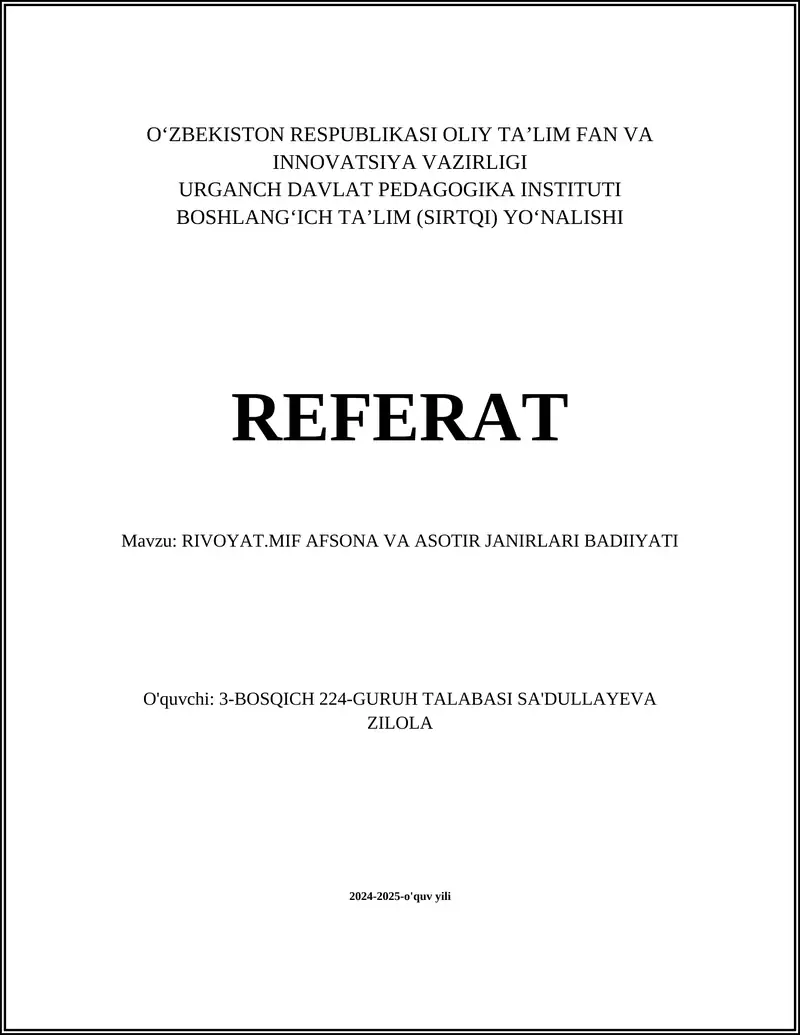 RIVOYAT.MIF AFSONA VA ASOTIR JANIRLARI BADIIYATI