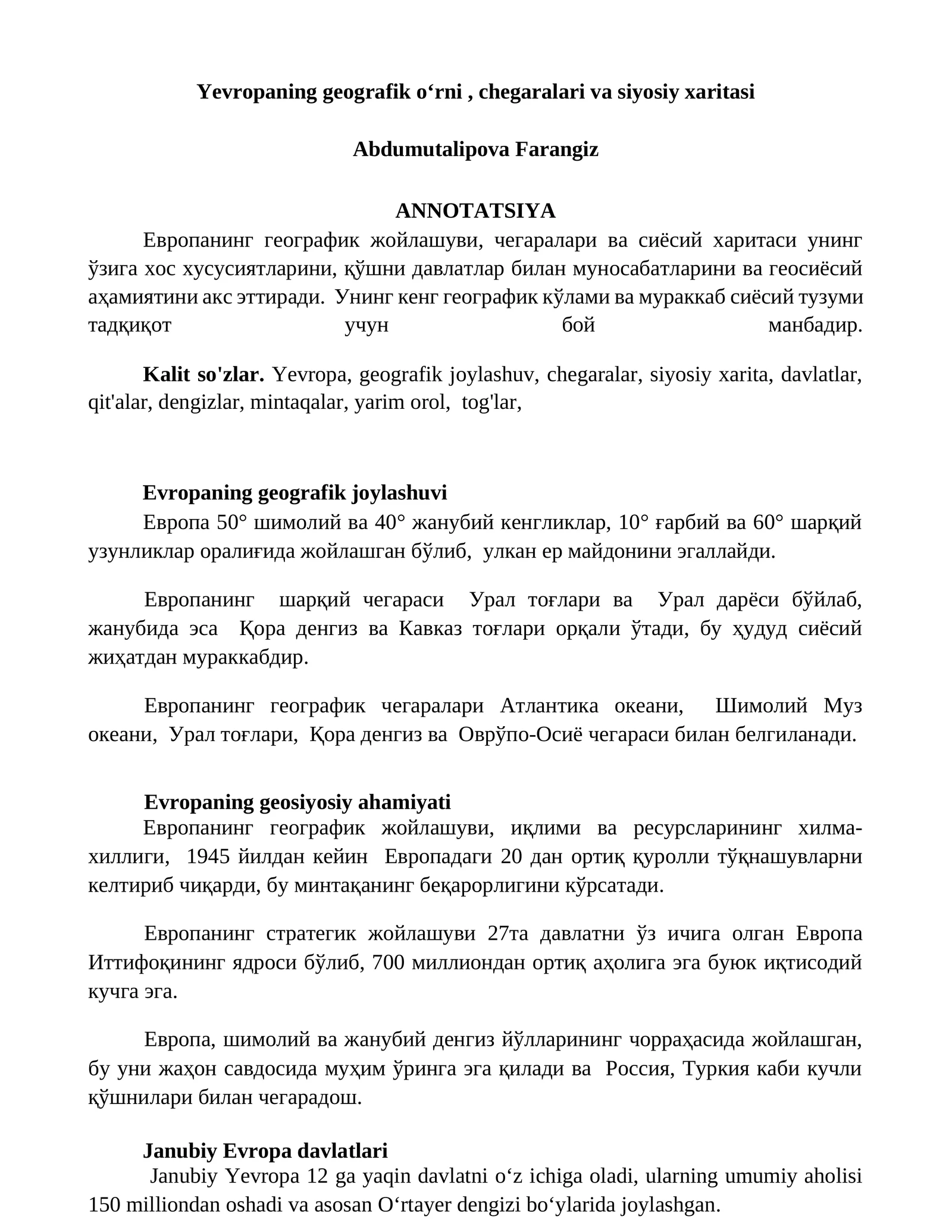 Yevropaning geografik oʻrni, chegaralari va siyosiy xaritasi