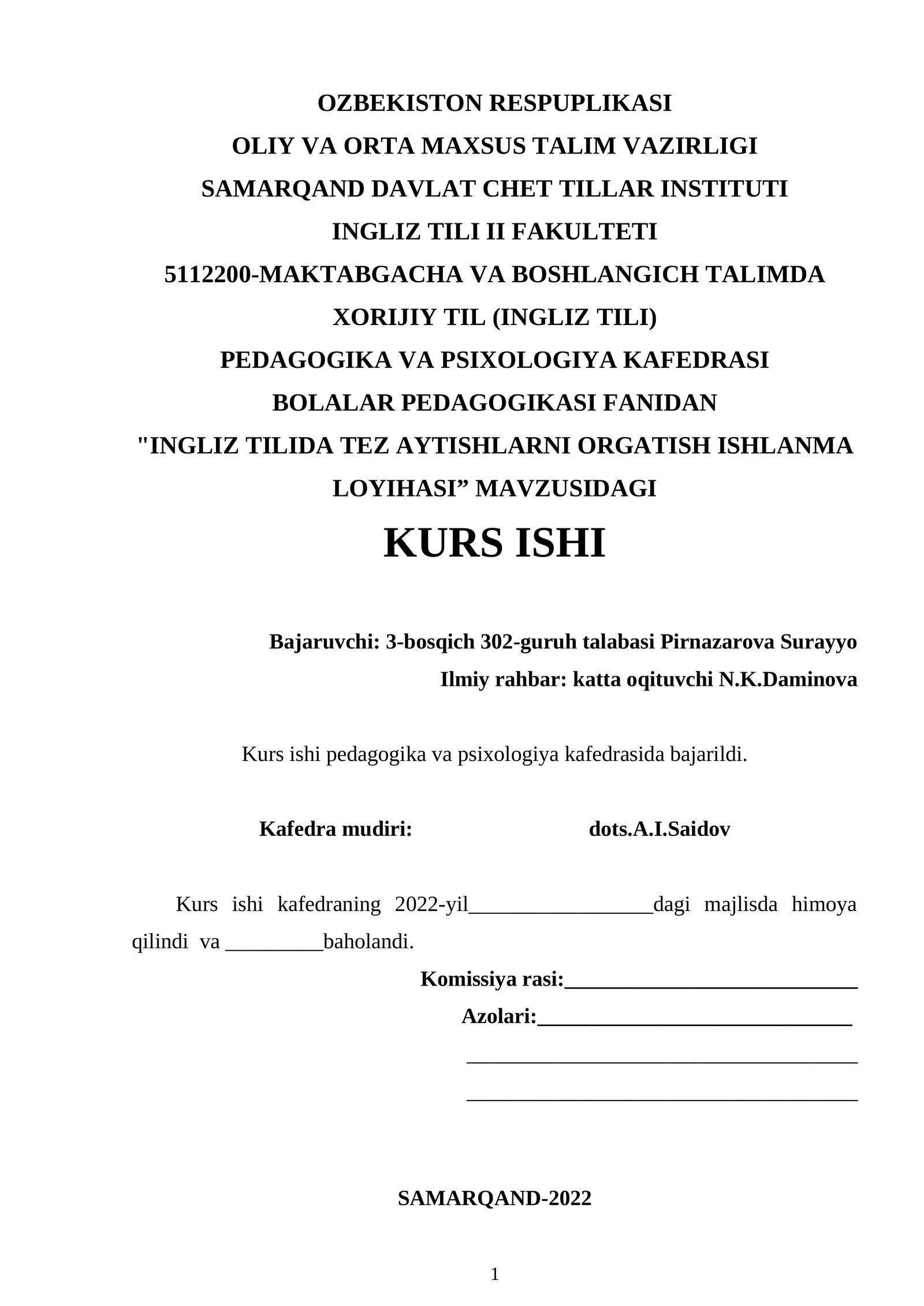 "INGLIZ TILIDA TEZ AYTISHLARNI O’RGATISH ISHLANMA LOYIHASI”