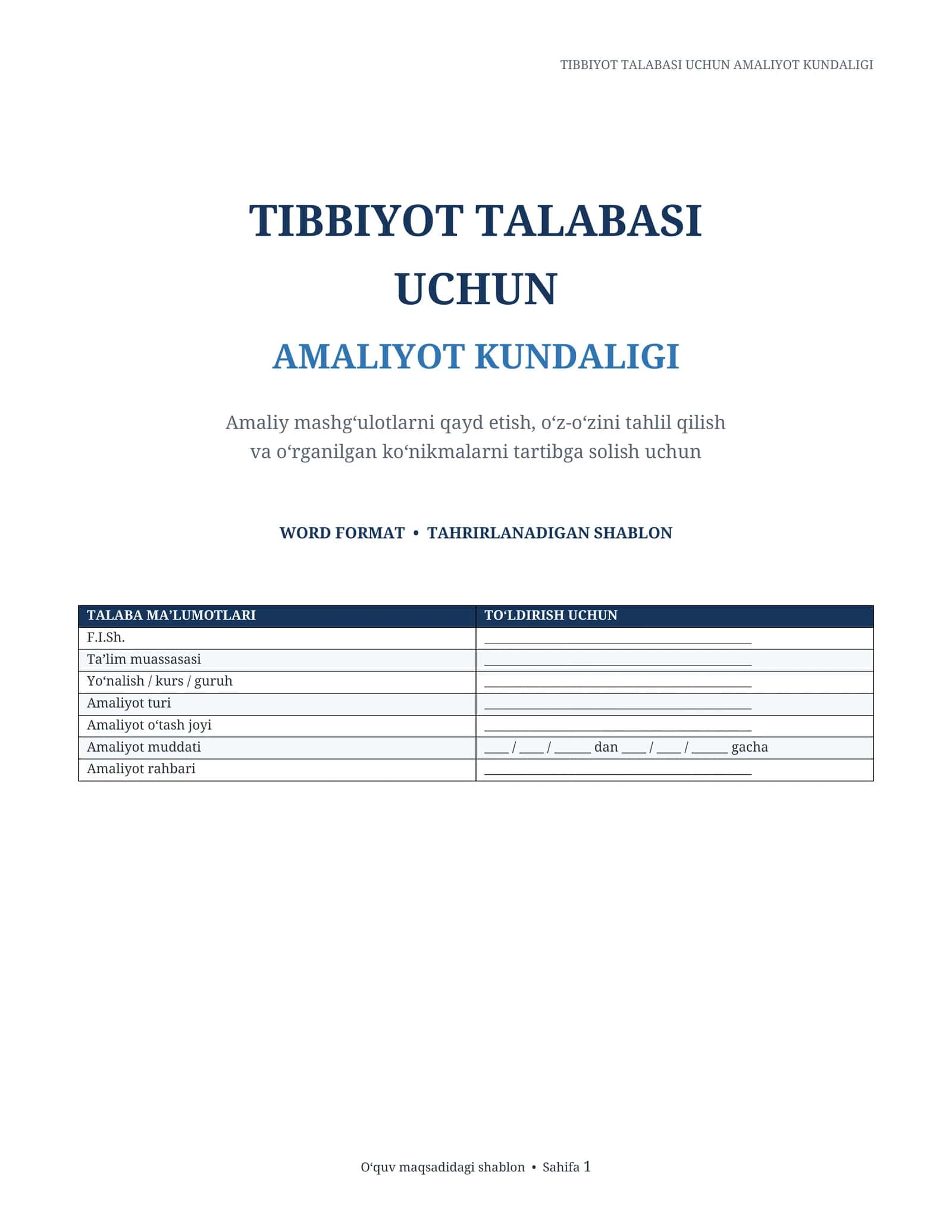 Tibbiyot talabasi uchun amaliyot kundaligi | Word DOCX shablon