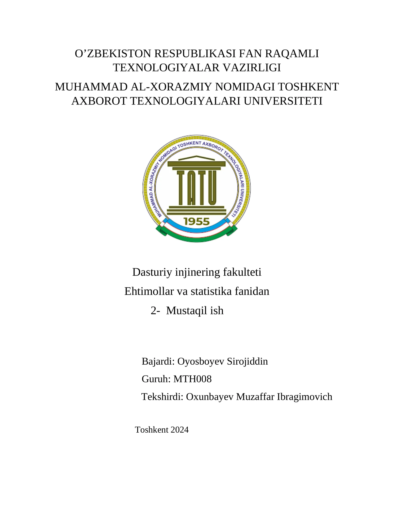 2-MUSTAQIL ISH. TOVAR, MAHSULOT VA XIZMATLARGA BO‘LGAN TALAB FUNKSIYASINI QURISH. ORALIQ BAHO. ISHONCHLILIK EHTIMOLI VA ISHONCHLILIK ORALIGʻI