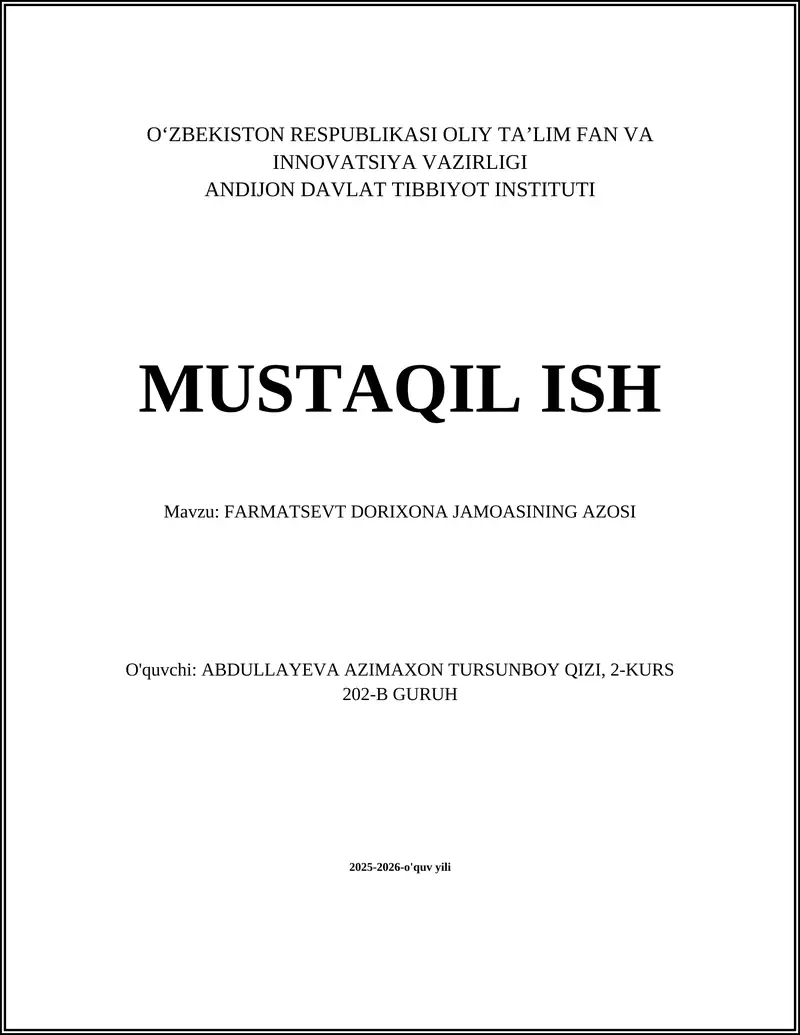 FARMATSEVT DORIXONA JAMOASINING AZOSI
