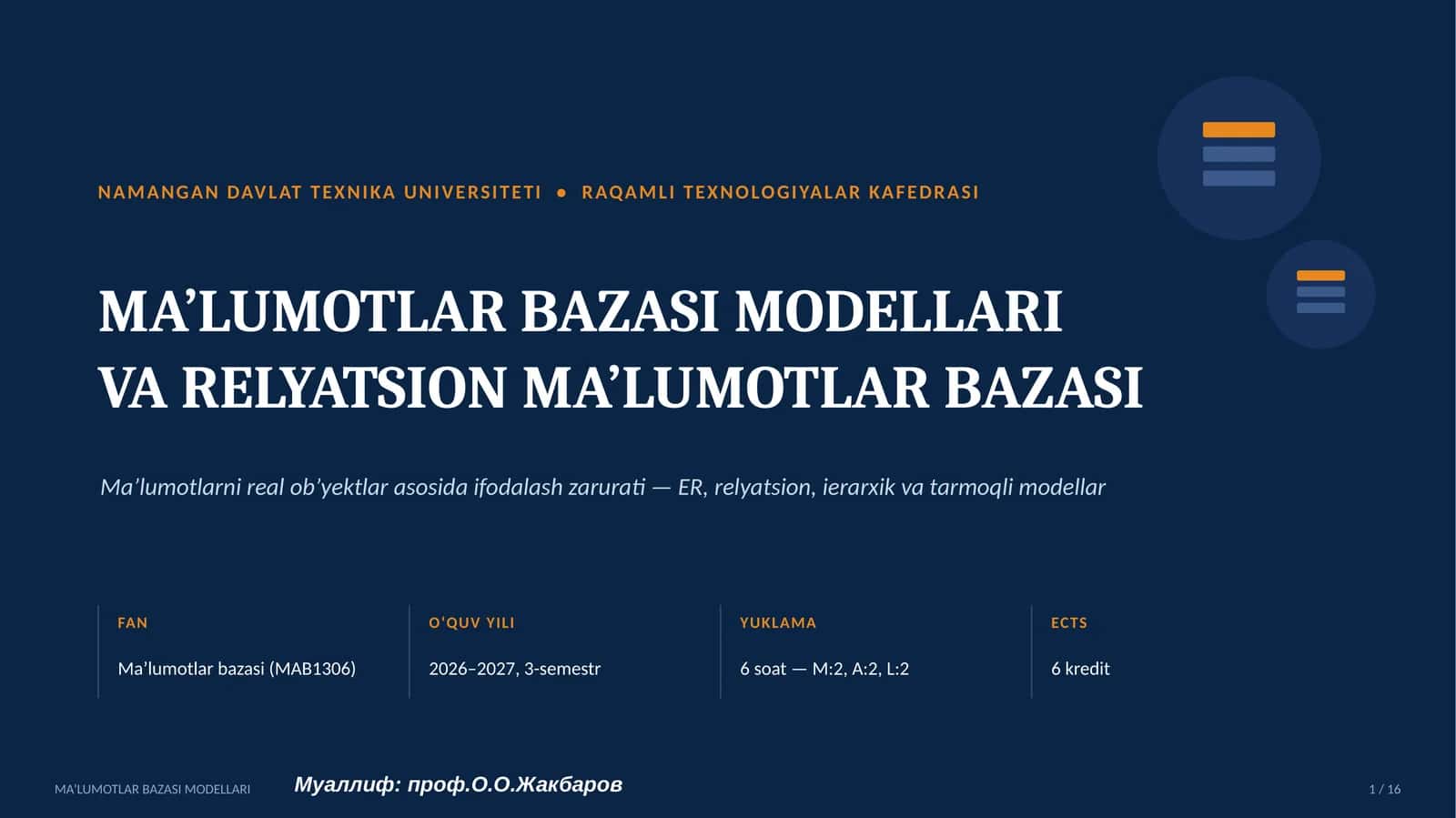 Ma’lumotlar Bazasi Modellari va Relyatsion Ma’lumotlar Bazasi