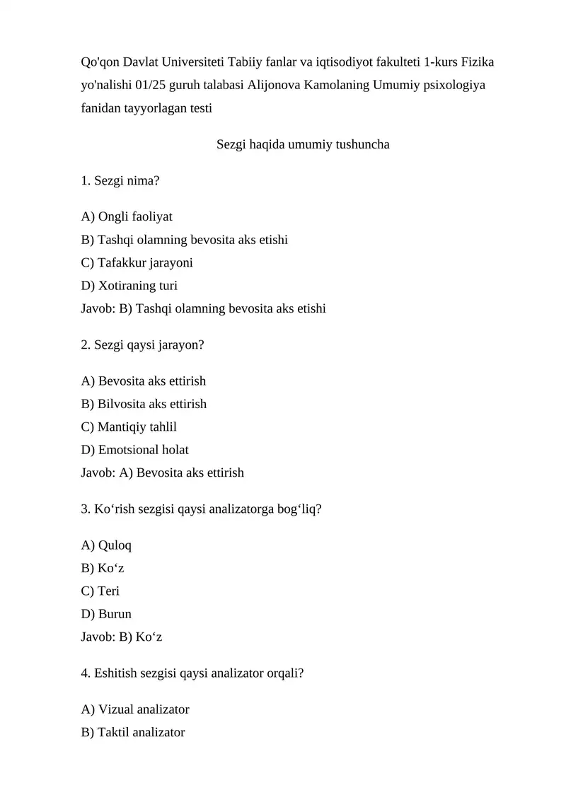 Umumiy psixologiya fanidan tayyorlagan testi