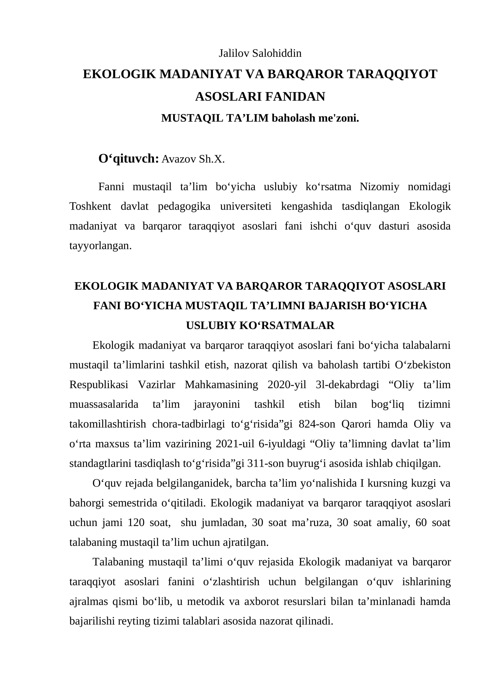EKOLOGIK MADANIYAT VA BARQAROR TARAQQIYOT ASOSLARI FANIDAN