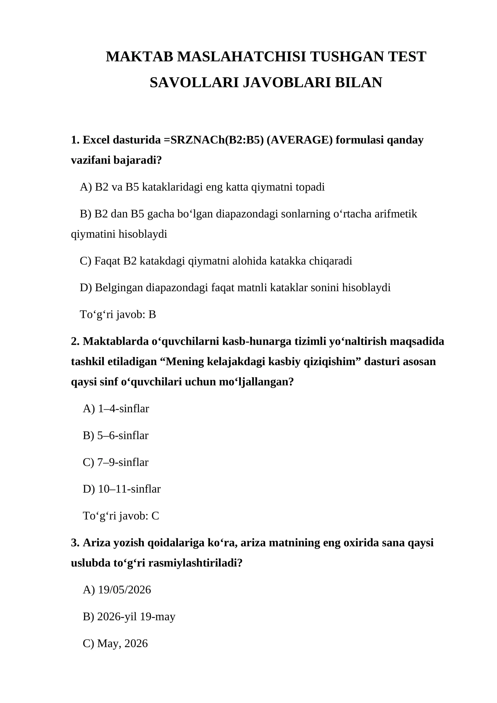 Maktab maslahatchisi tushgan test savollari javoblari bilan