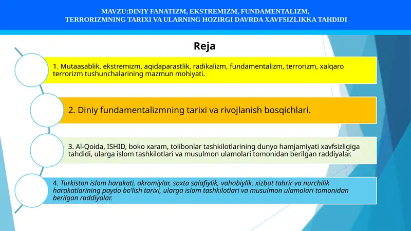 DINIY FANATIZM, EKSTREMIZM, FUNDAMENTALIZM, TERRORIZMNING TARIXI VA ULARNING HOZIRGI DAVRDA XAVFSIZLIKKA TAHDIDI