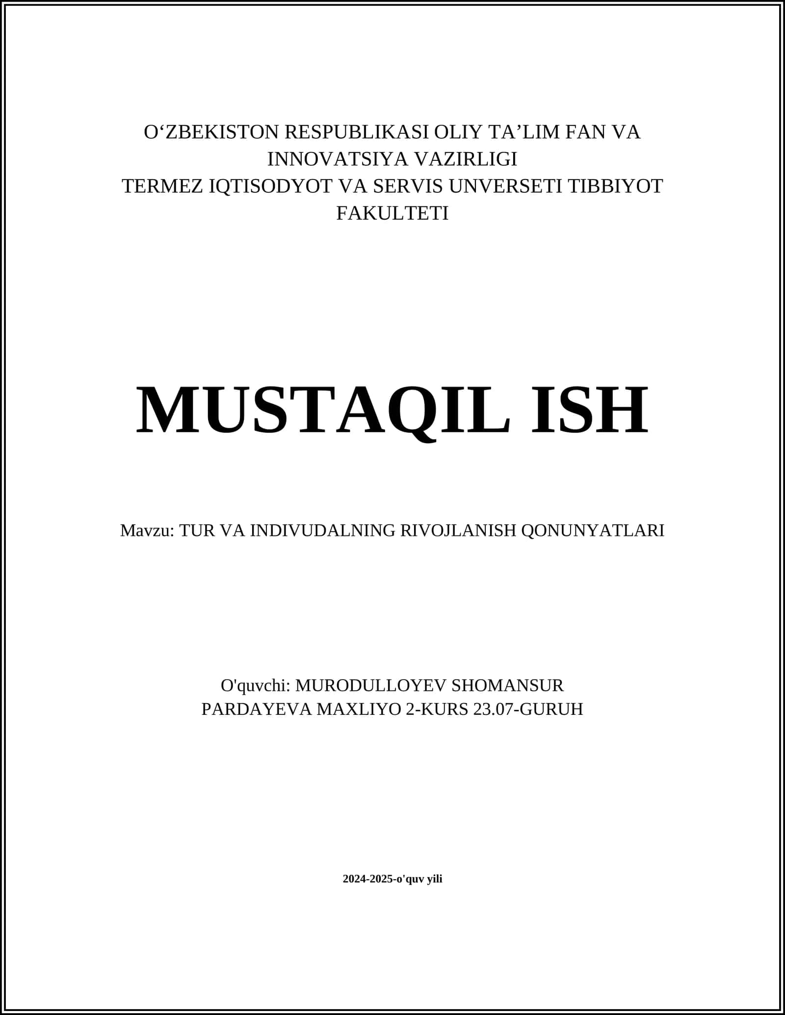 TUR VA INDIVUDALNING RIVOJLANISH QONUNYATLARI
