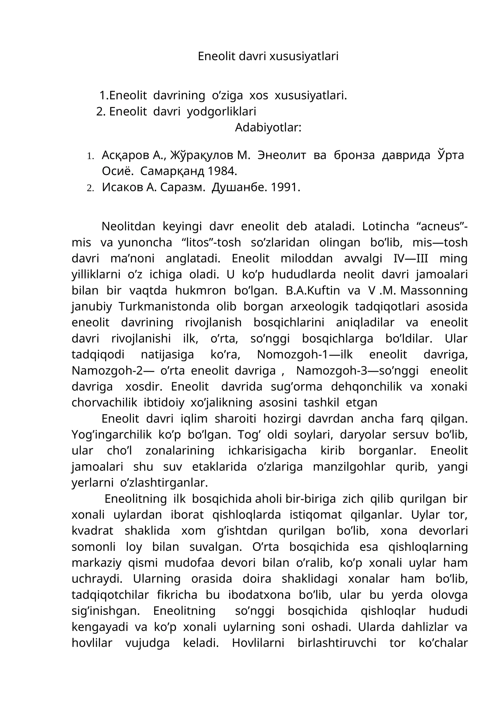 Eneolit davri xususiyatlari