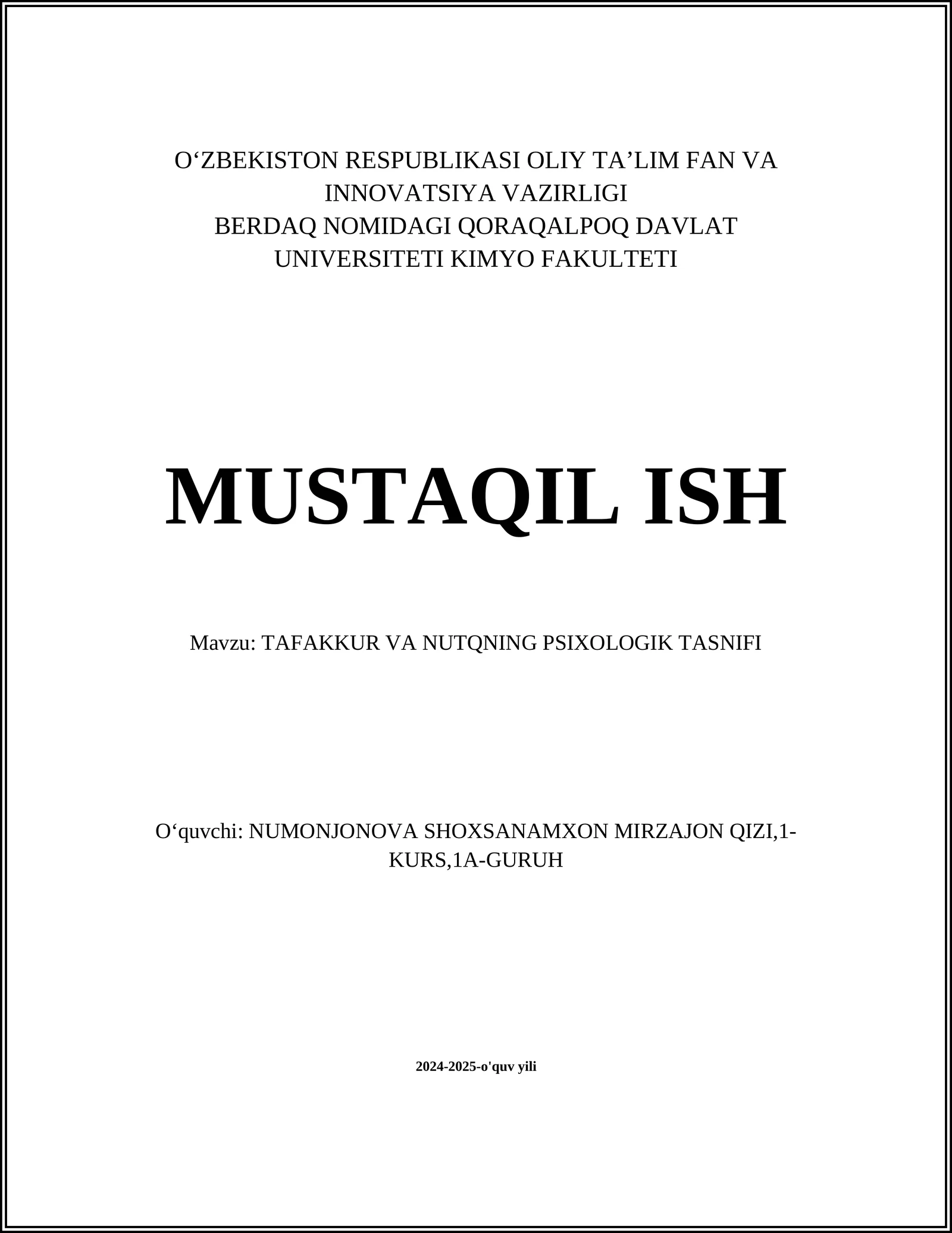 TAFAKKUR VA NUTQNING PSIXOLOGIK TASNIFI