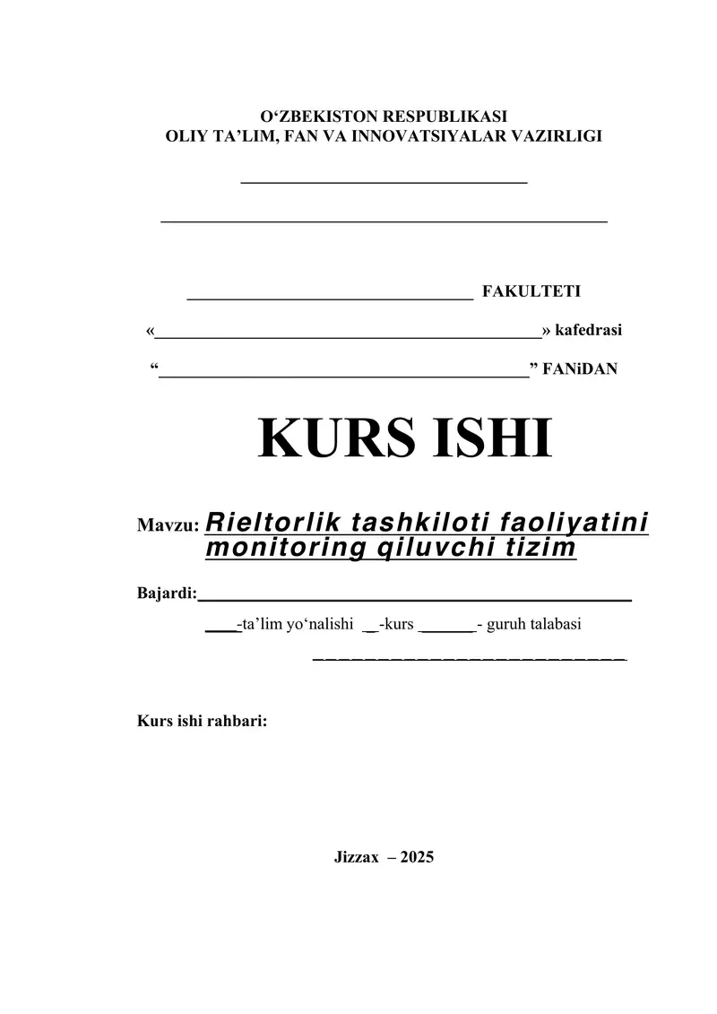 Rieltorlik tashkiloti faoliyatini monitoring qiluvchi tizim
