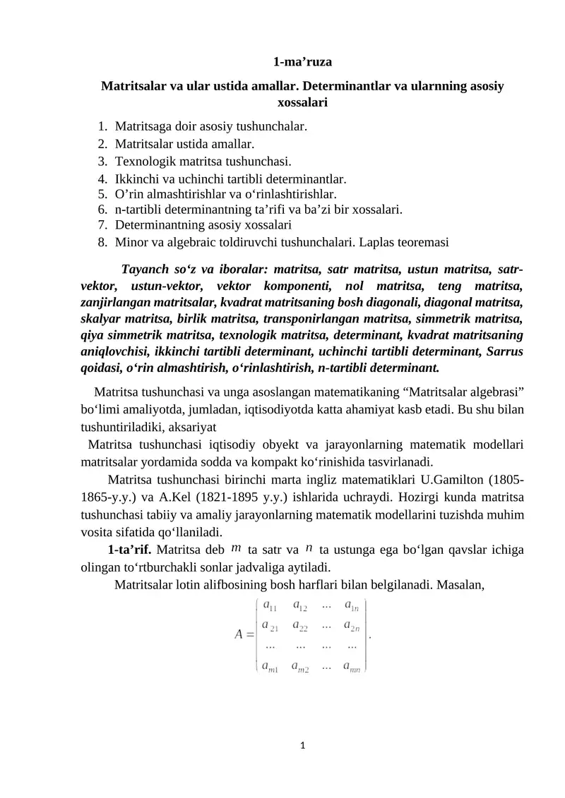 Matritsalar algebrasi