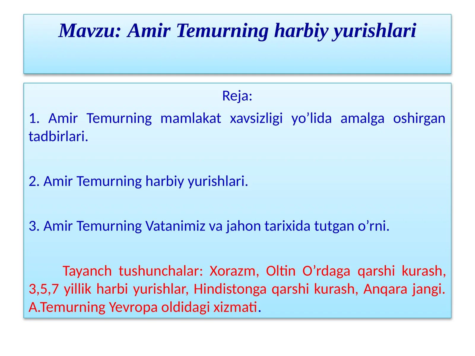 7-sinf O'zbekiston tarixi Amir Temurning harbiy yurishlari dars ishlanma