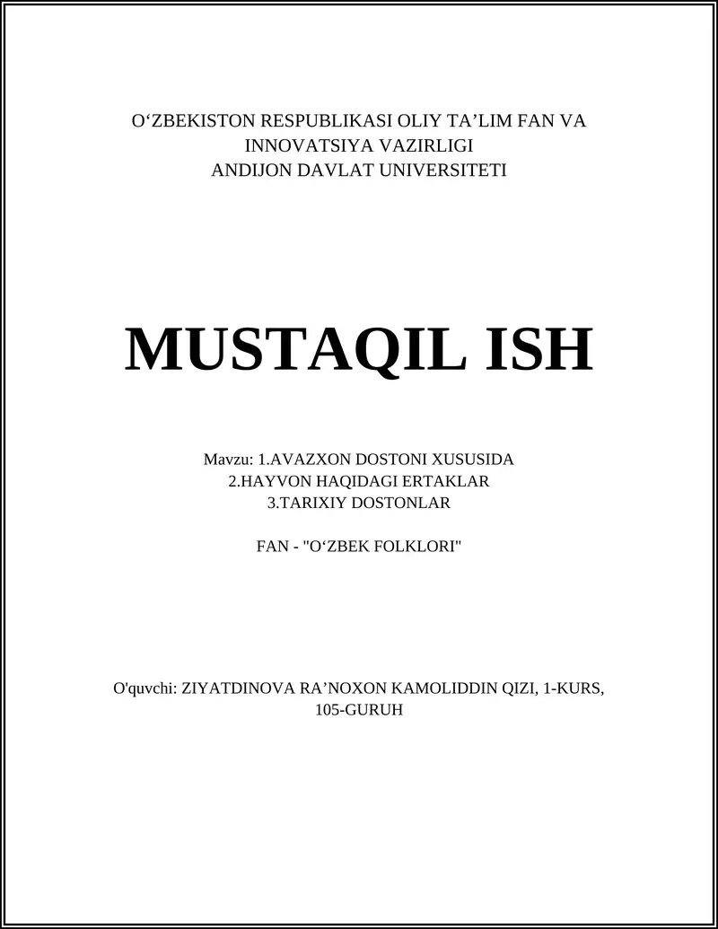 AVAZXON DOSTONI XUSUSIDA