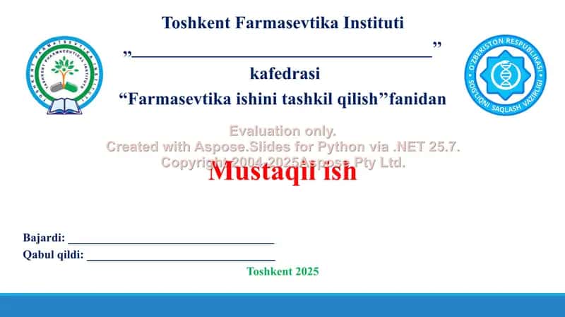Farmasevtika sohasini takomillashtirishda qonun osti hujjatlari, ularning o‘rni va ahamiyati. Taqdimot 12 bet.