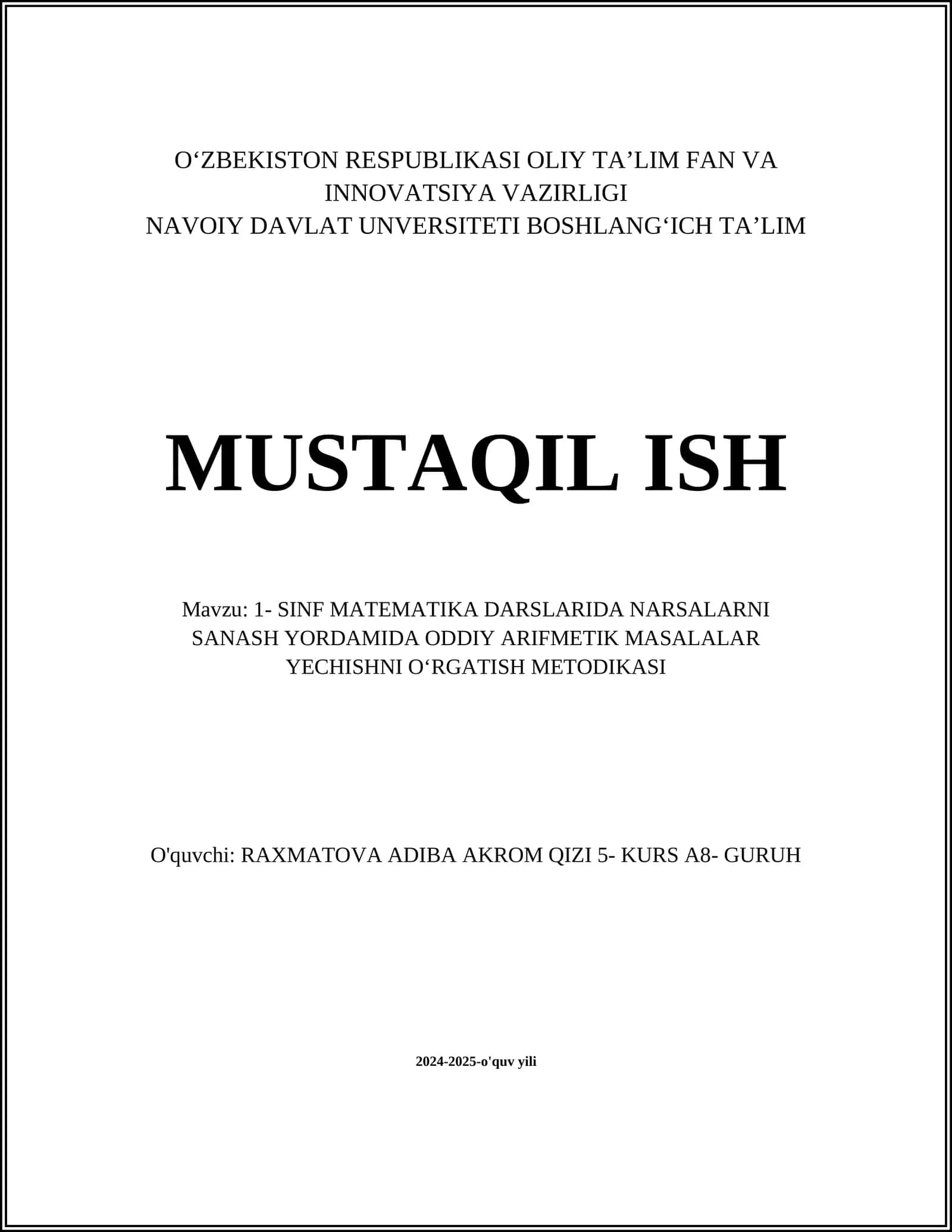 SINF MATEMATIKA DARSLARIDA NARSALARNI SANASH YORDAMIDA ODDIY ARIFMETIK MASALALAR YECHISHNI OʻRGATISH METODIKASI