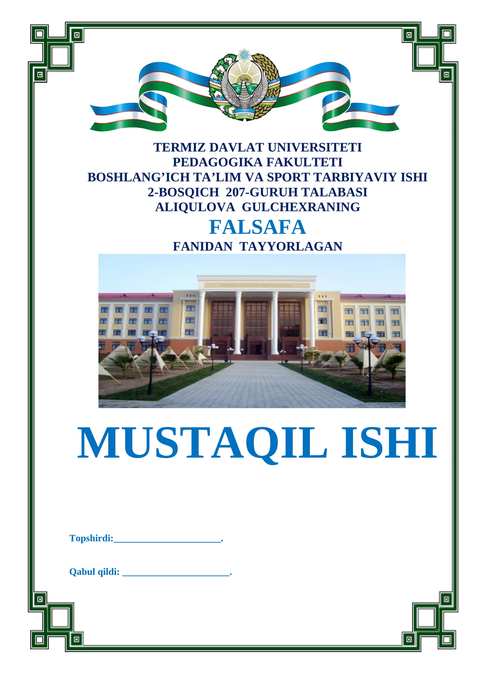 FALSAFA FANIDAN TAYYORLAGAN MUSTAQIL ISHI