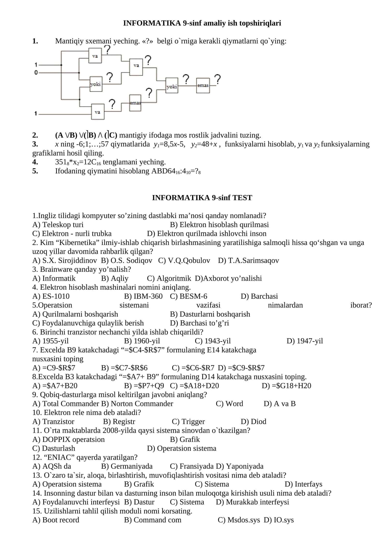 INFORMATIKA 9-sinf amaliy ish topshiriqlari