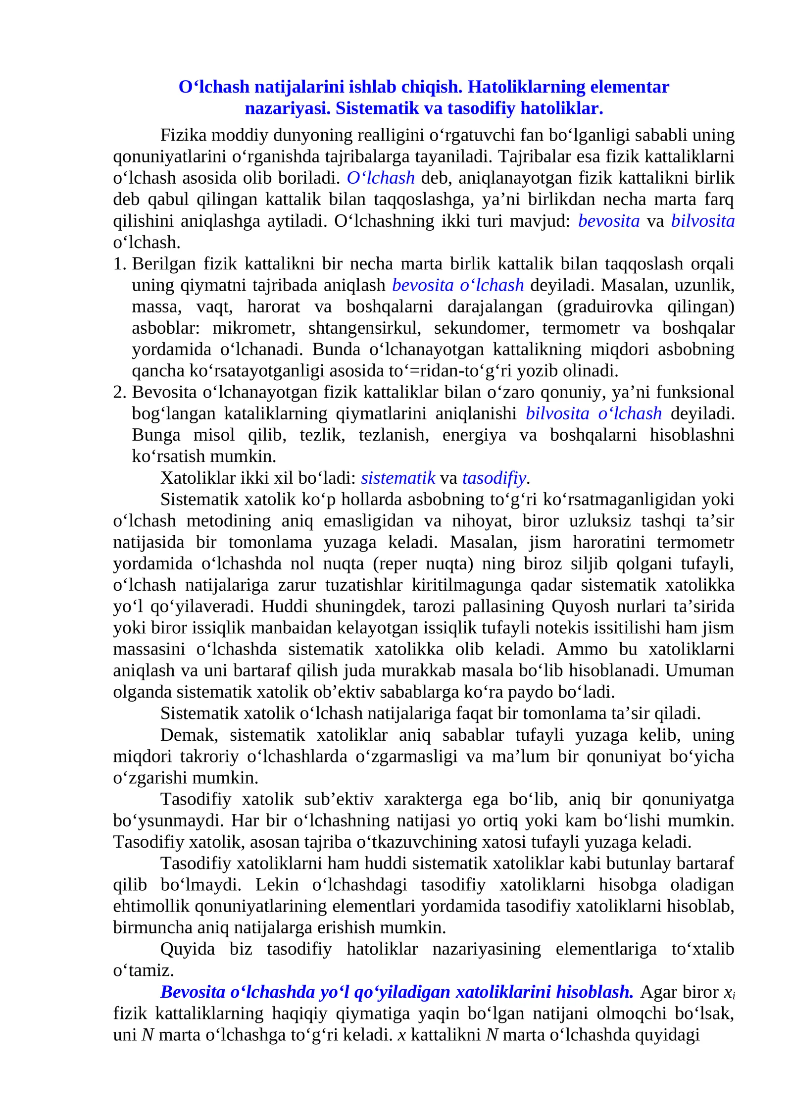 O‘lchash natijalarini ishlab chiqish
