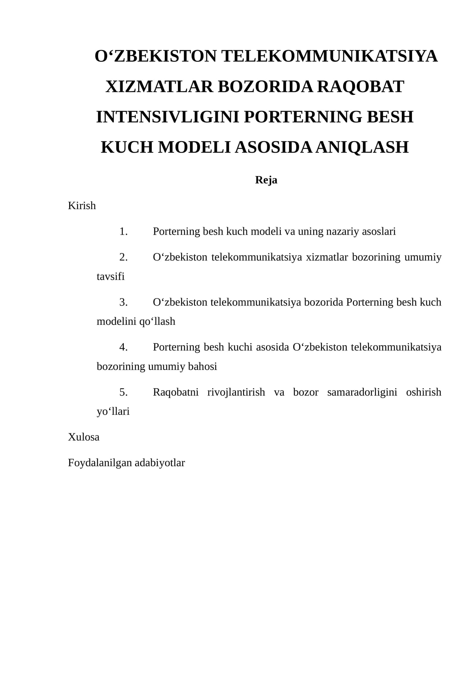 Porterning besh kuch modeli va O‘zbekiston telekommunikatsiya bozori