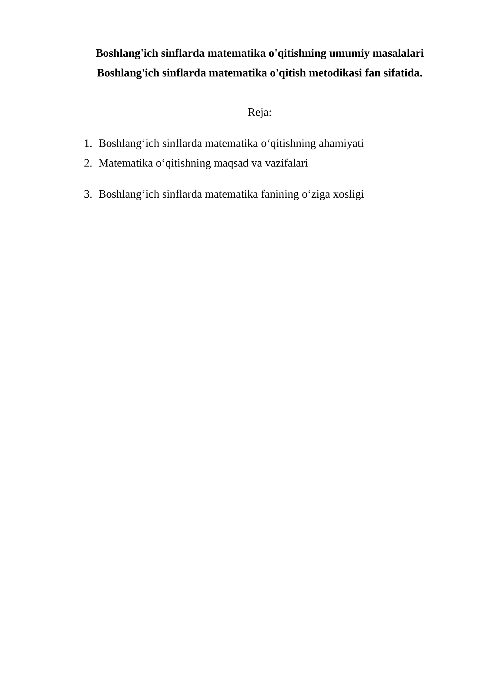 Boshlang'ich sinflarda matematika o'qitish metodikasi