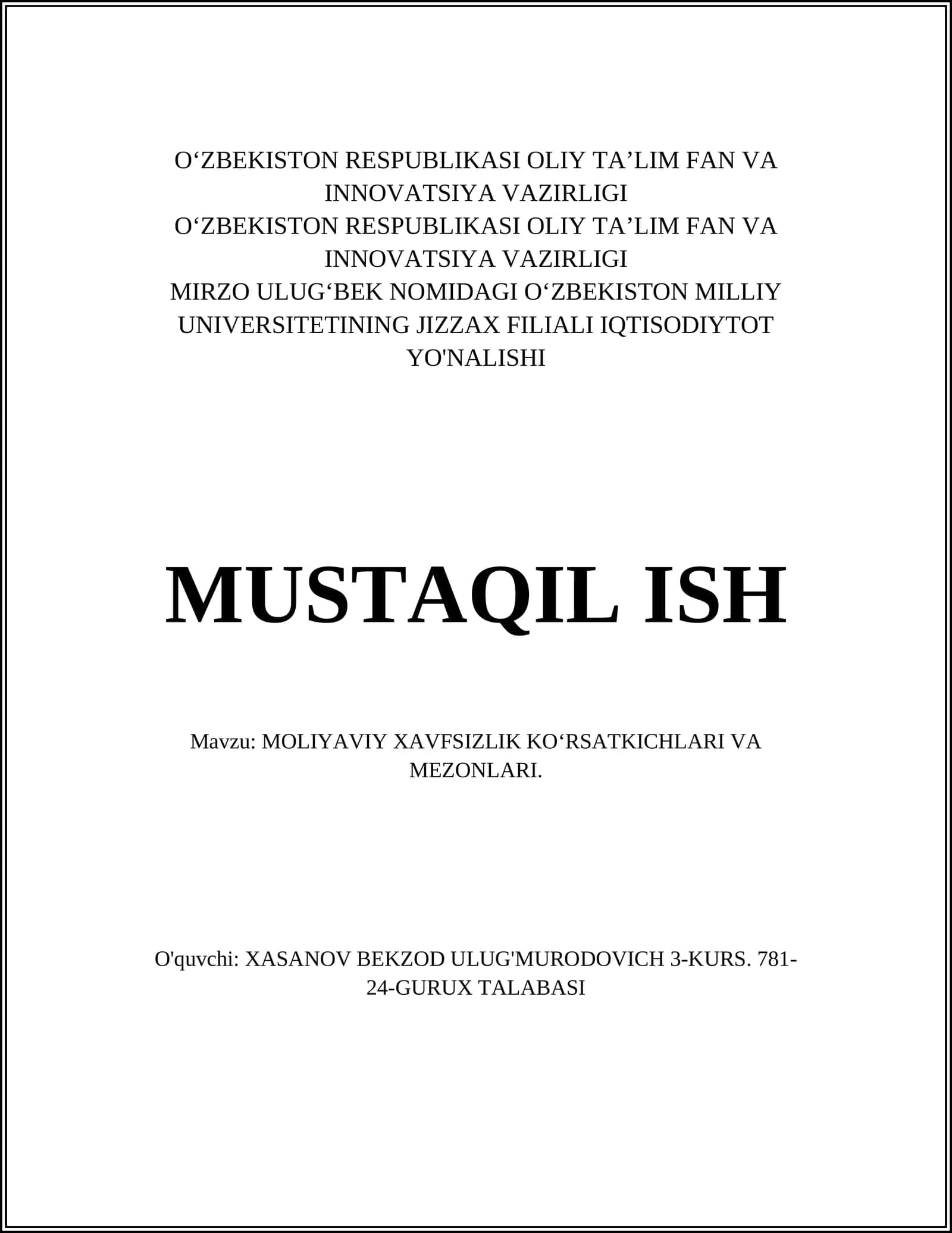 MOLIYAVIY XAVFSIZLIK KO‘RSATKICHLARI VA MEZONLARI