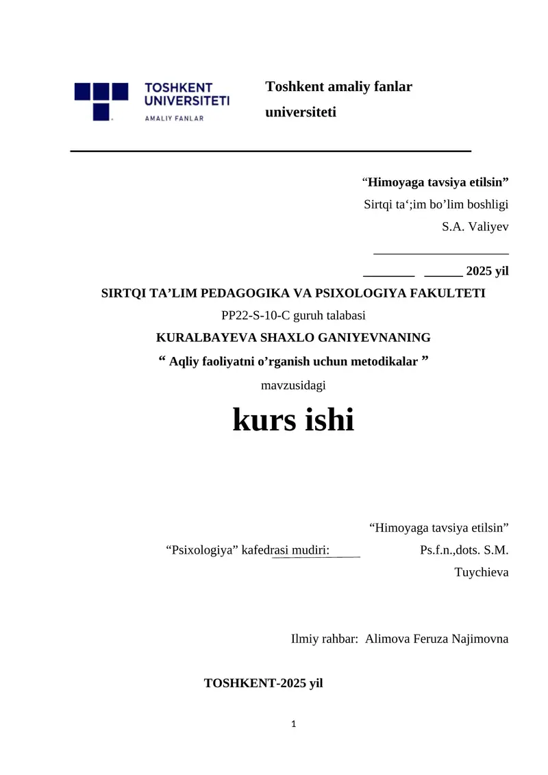 Aqliy faoliyatni o’rganish uchun metodikalar