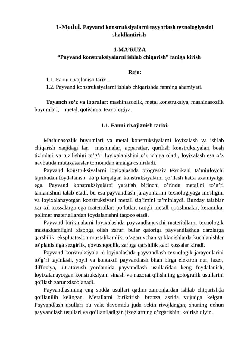 Payvand Konstruksiyalar Tayyorlash Texnologiyasi