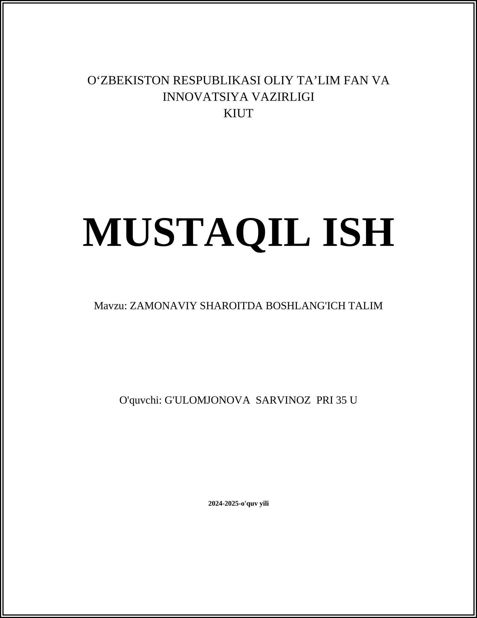ZAMONAVIY SHAROITDA BOSHLANG'ICH TALIM